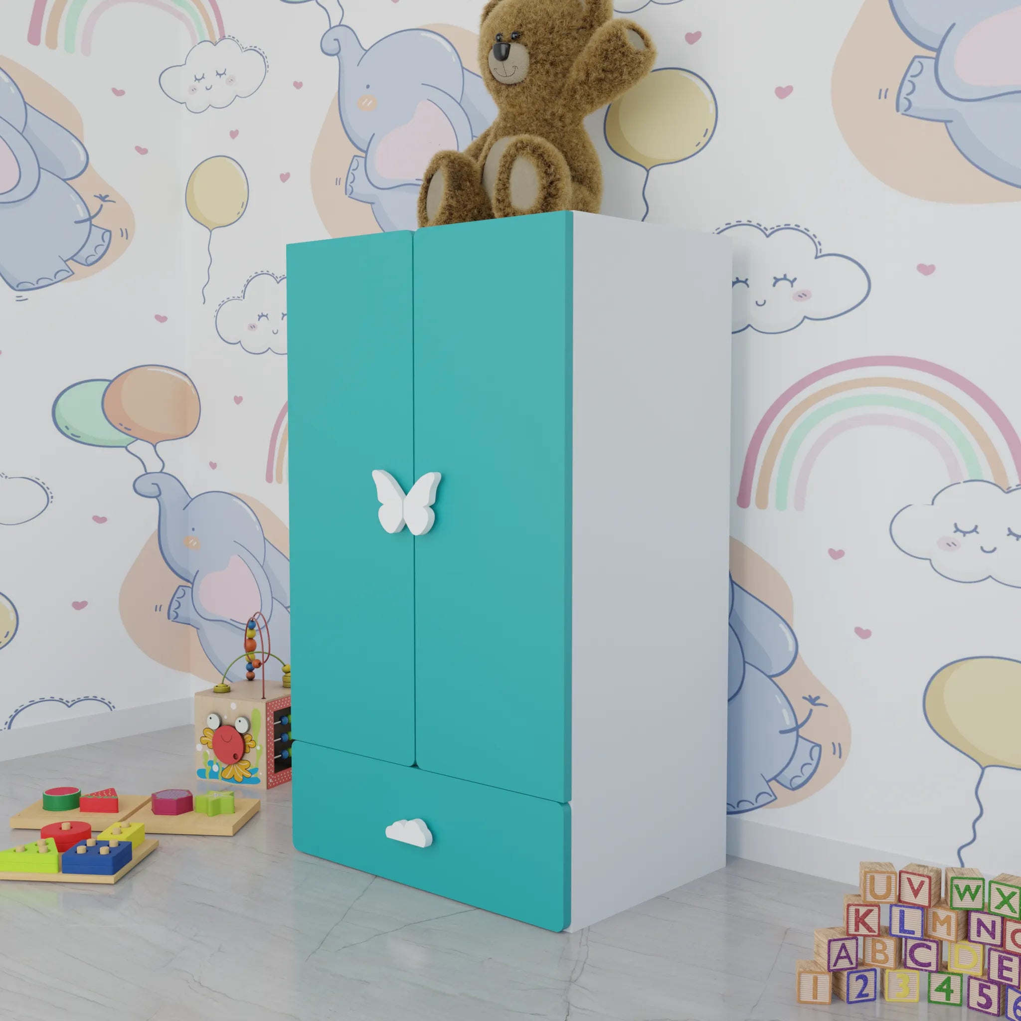 LittleCloud | Almirah with 2 Doors, Drawer Unit, Hanger Space Kids Wardrobes VIKI FURNITURE