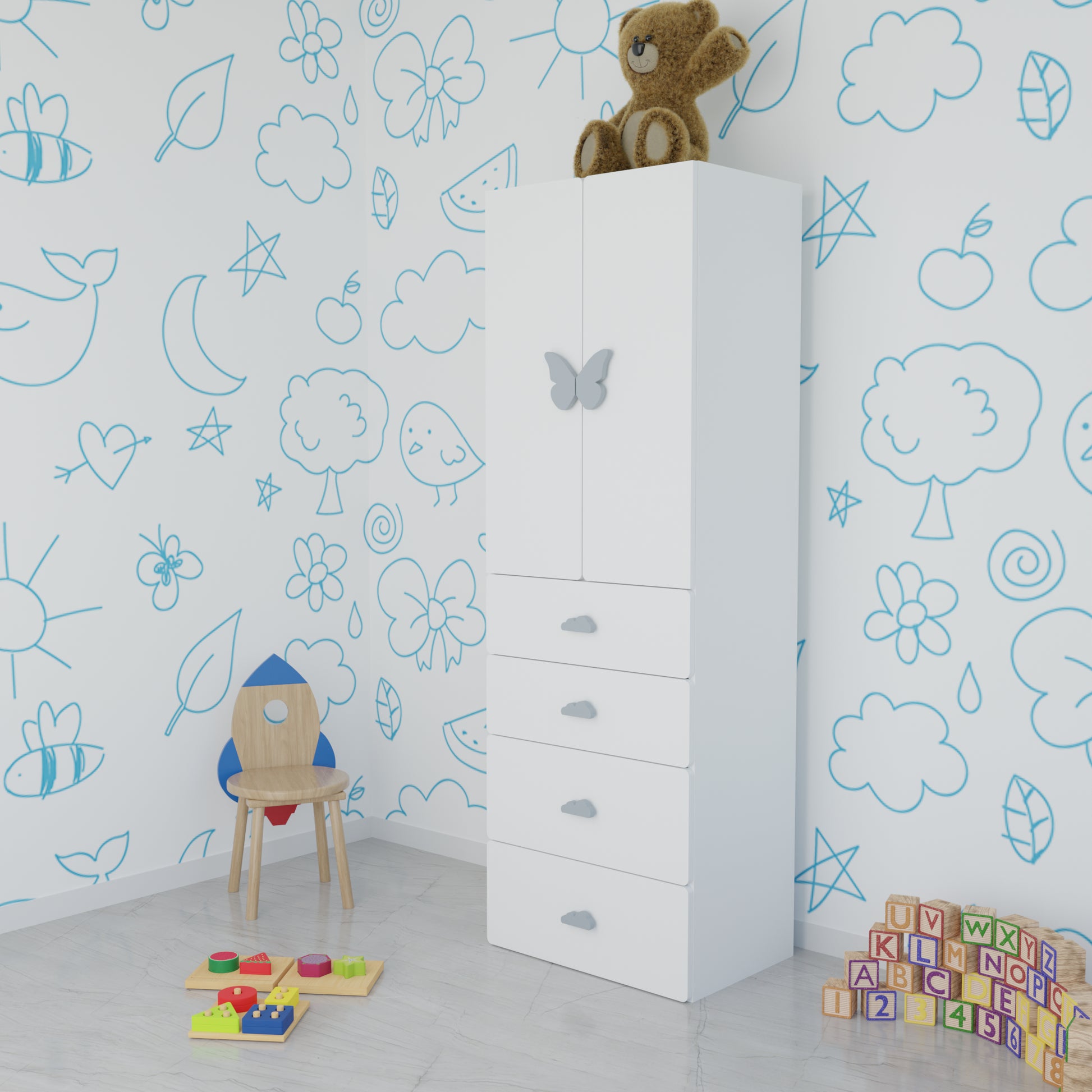 LittleCloud | Almirah with 2 Doors, 4 Drawer Unit, Hanger Space Kids Wardrobes VIKI FURNITURE