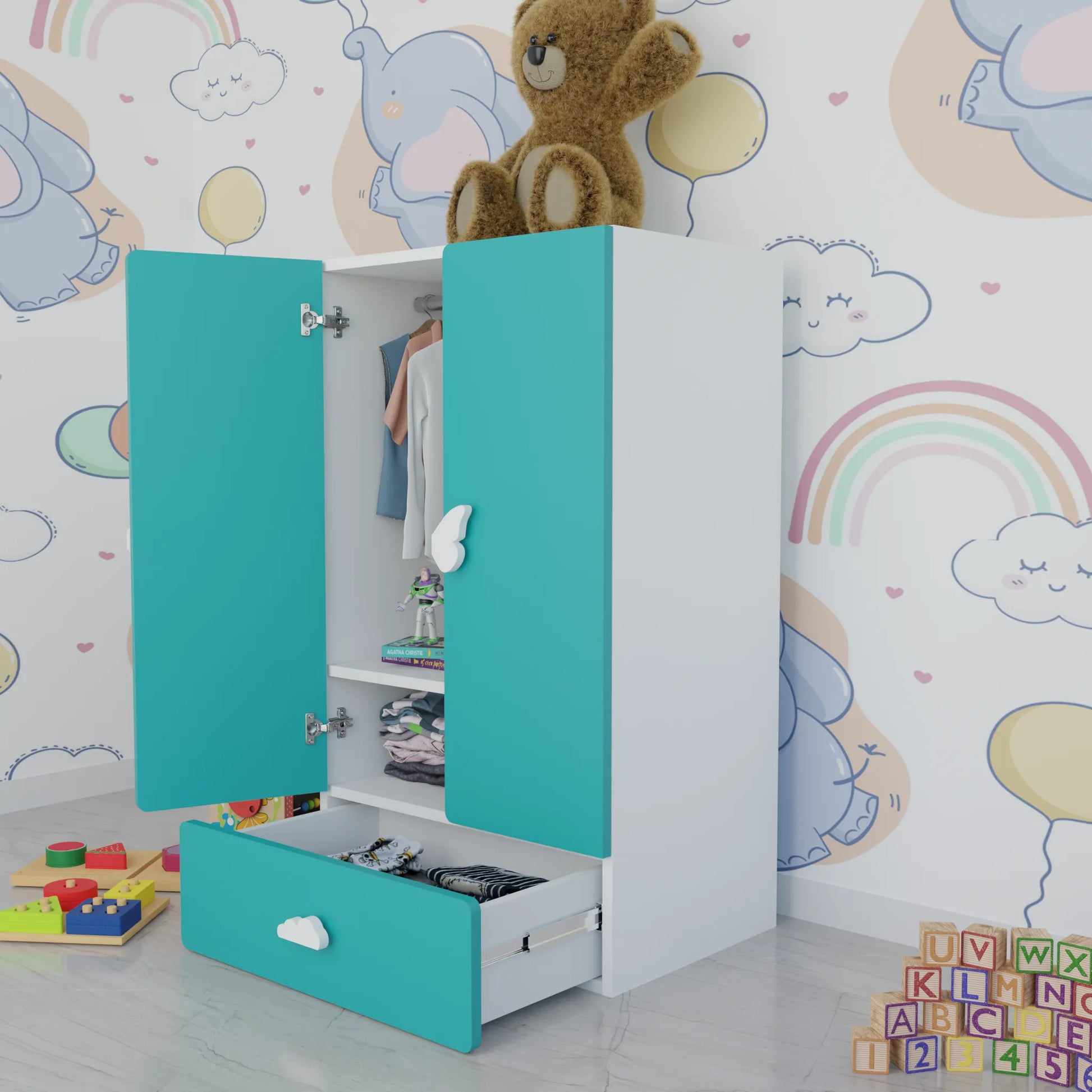 LittleCloud | Almirah with 2 Doors, Drawer Unit, Hanger Space Kids Wardrobes VIKI FURNITURE Green