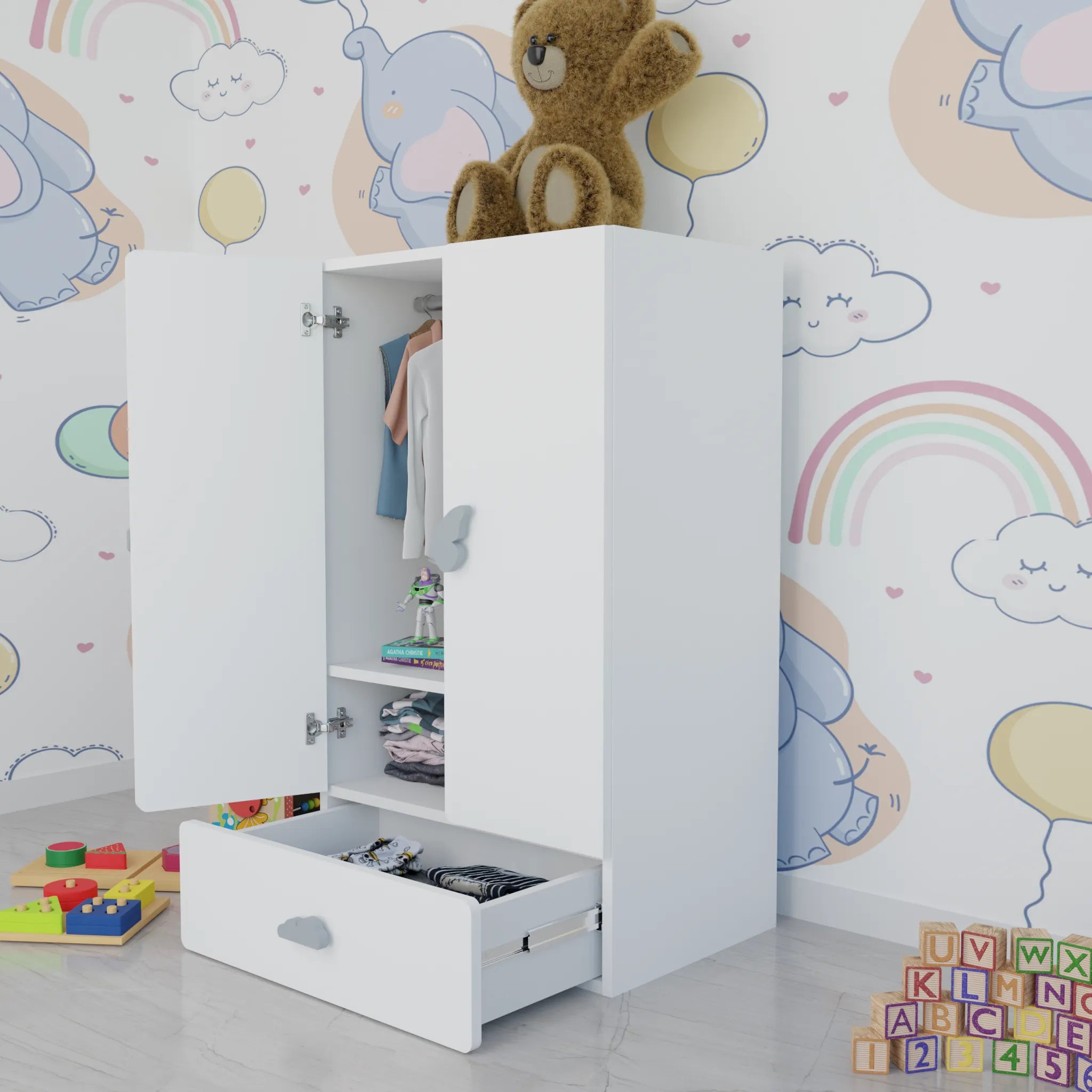 LittleCloud | Almirah with 2 Doors, Drawer Unit, Hanger Space Kids Wardrobes VIKI FURNITURE White