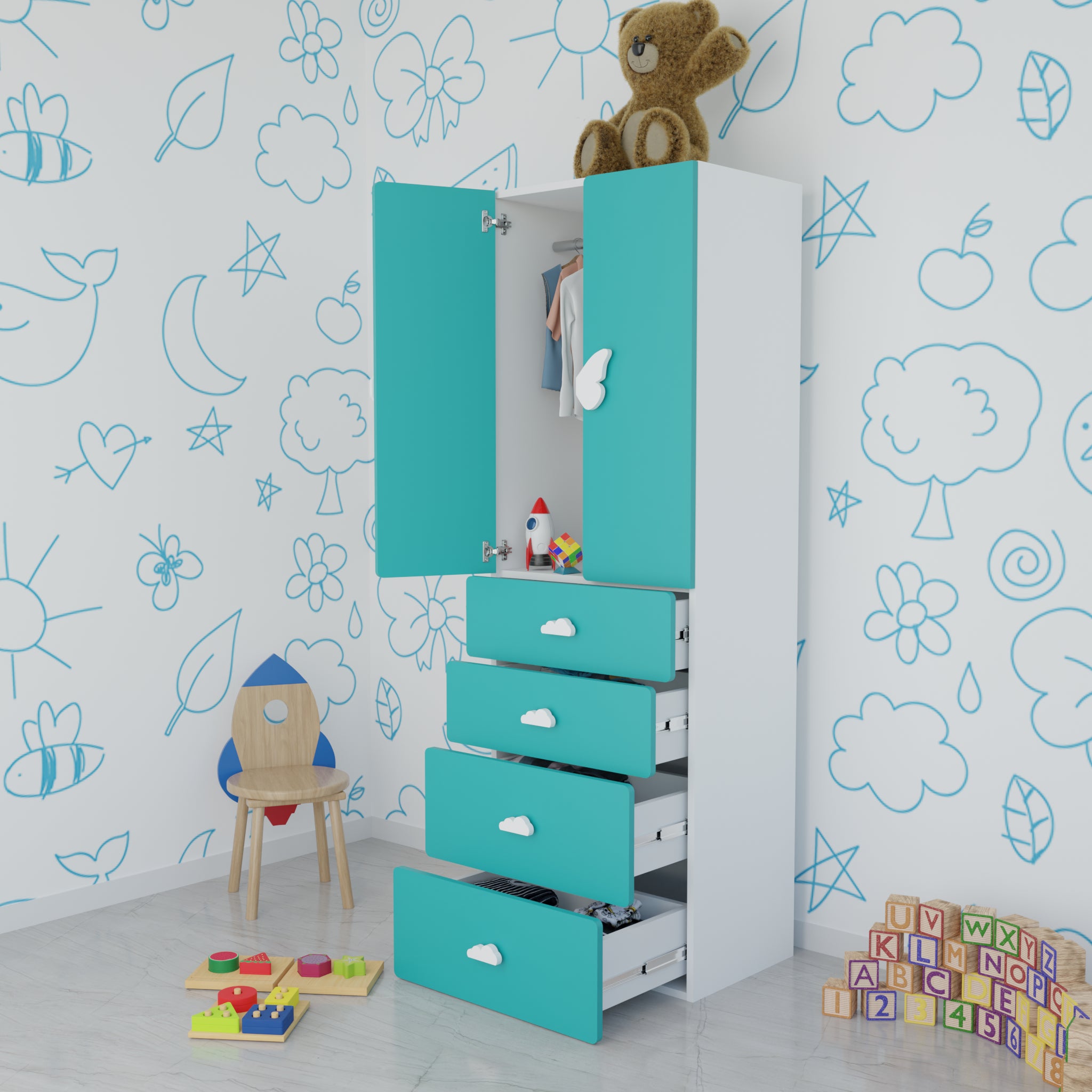 LittleCloud | Almirah with 2 Doors, 4 Drawer Unit, Hanger Space Kids Wardrobes VIKI FURNITURE Green