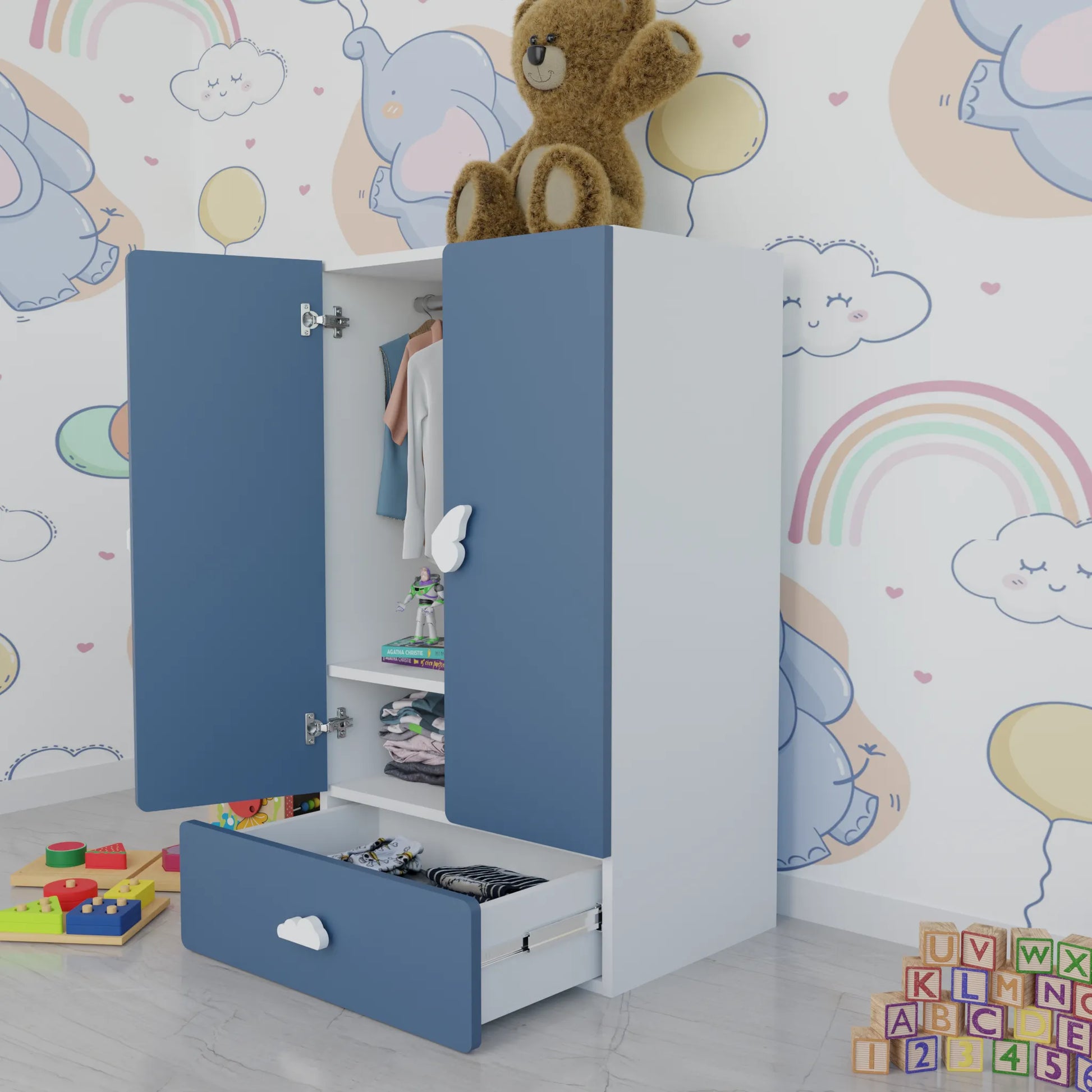 LittleCloud | Almirah with 2 Doors, Drawer Unit, Hanger Space Kids Wardrobes VIKI FURNITURE Blue