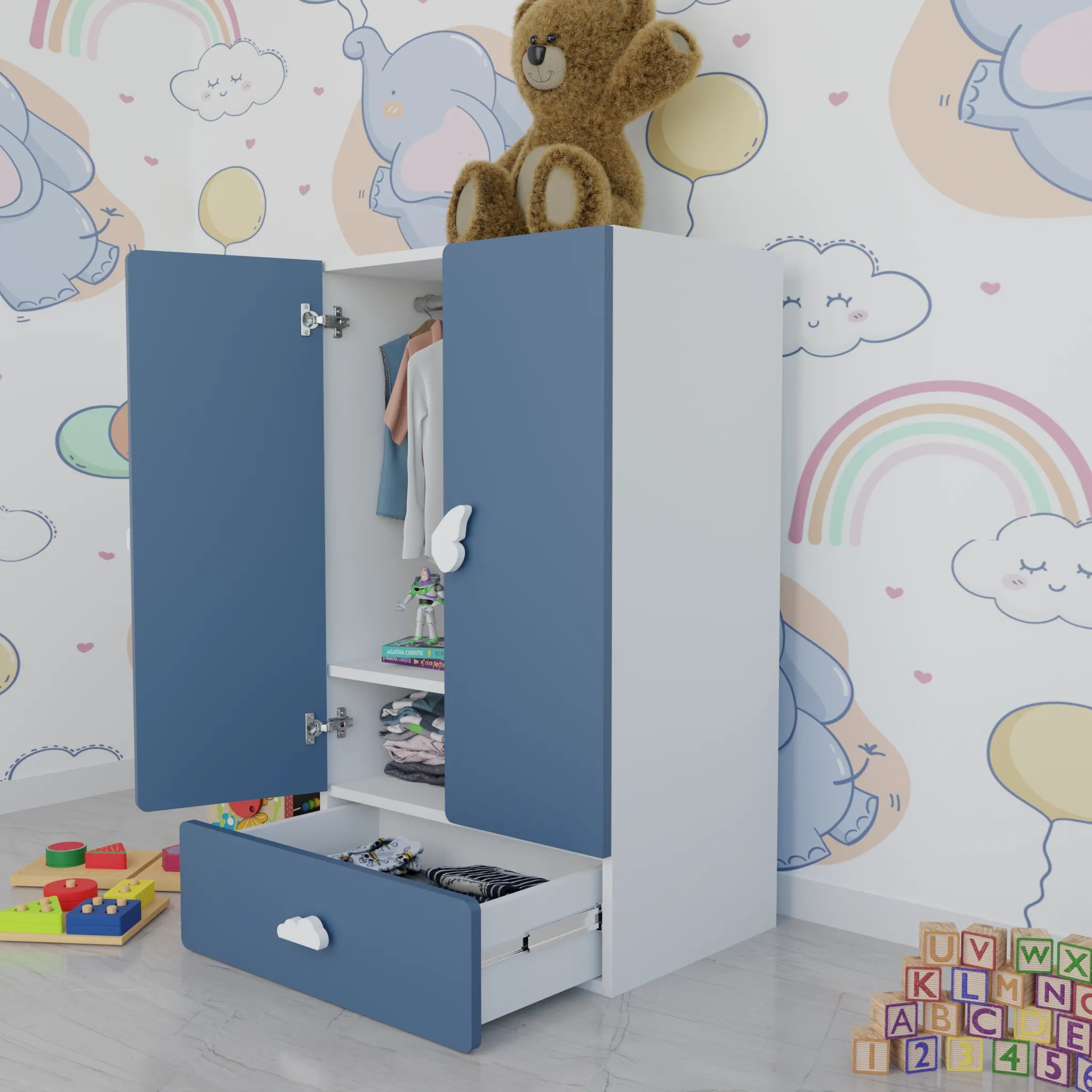 LittleCloud | Almirah with 2 Doors, Drawer Unit, Hanger Space Kids Wardrobes VIKI FURNITURE Blue
