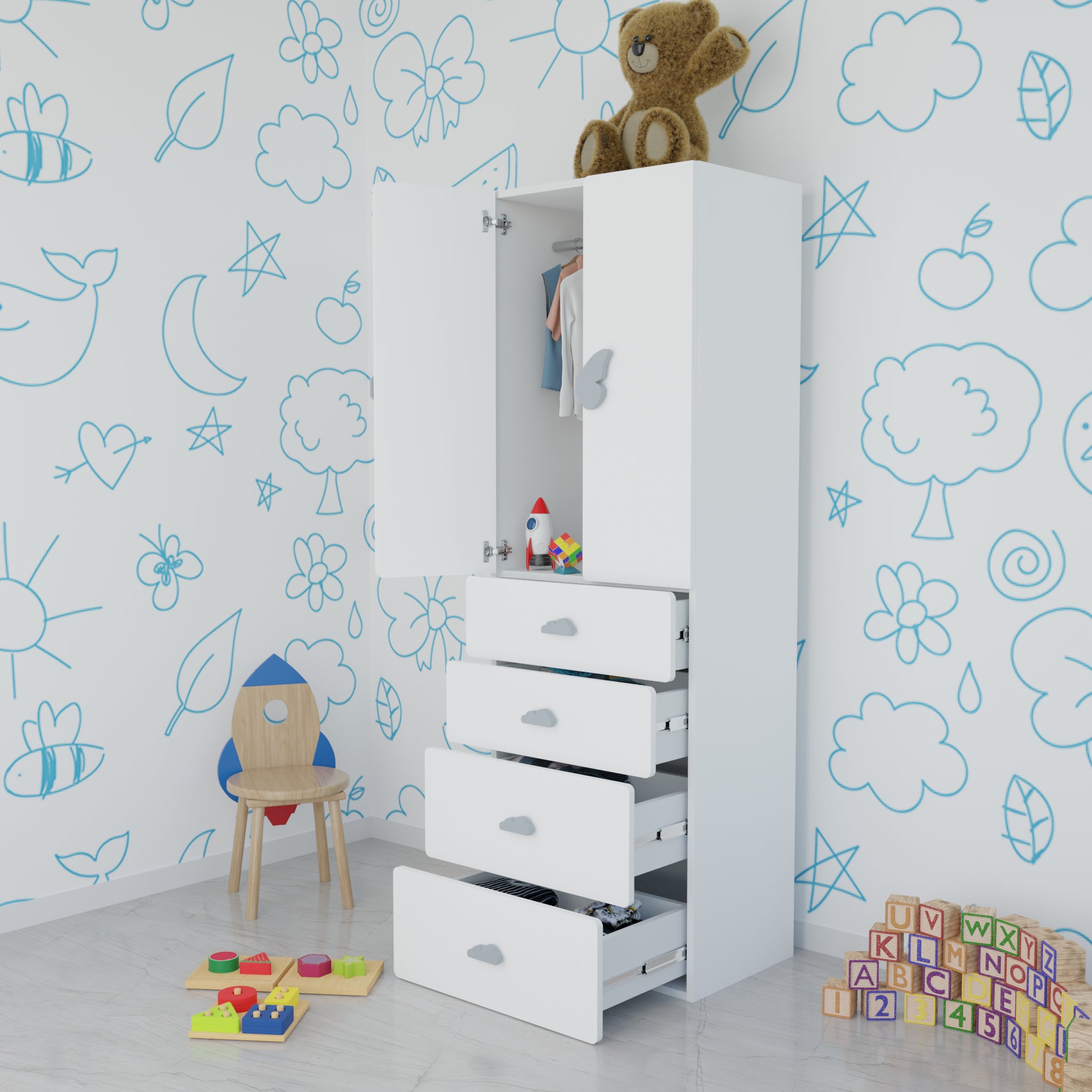 LittleCloud | Almirah with 2 Doors, 4 Drawer Unit, Hanger Space Kids Wardrobes VIKI FURNITURE White