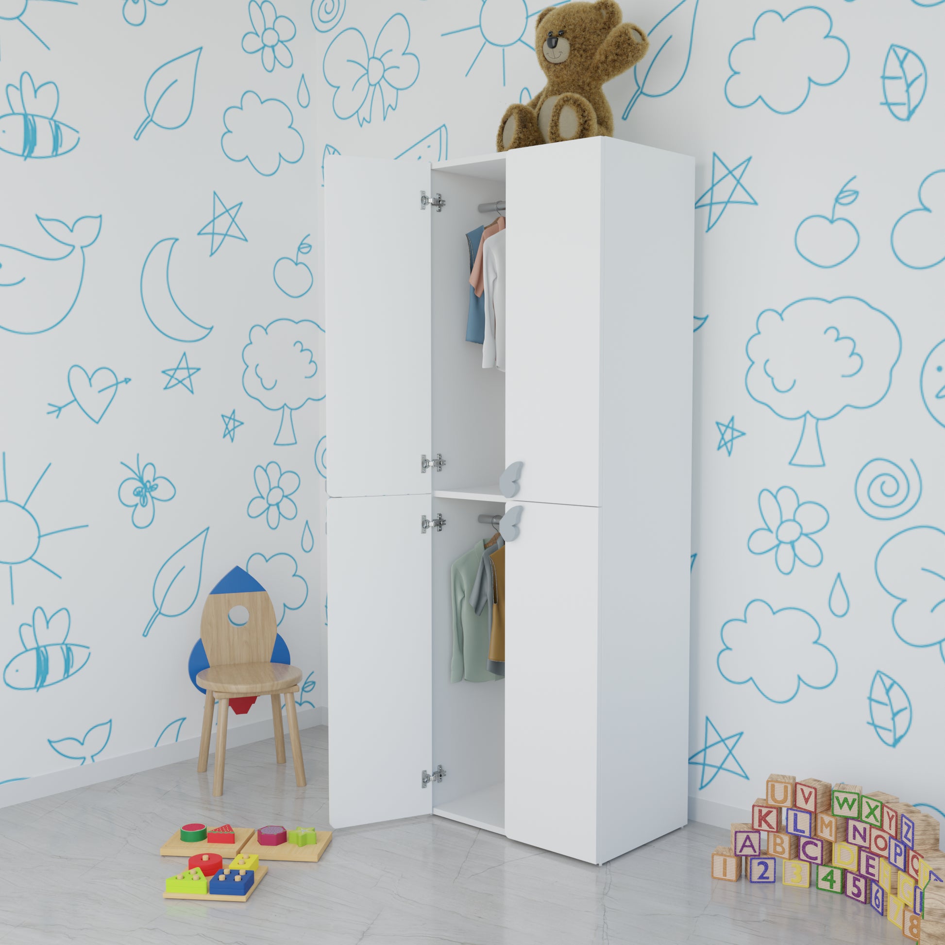 LittleCloud | Almirah with 4 Doors,2 Hanger Space Kids Wardrobes VIKI FURNITURE White