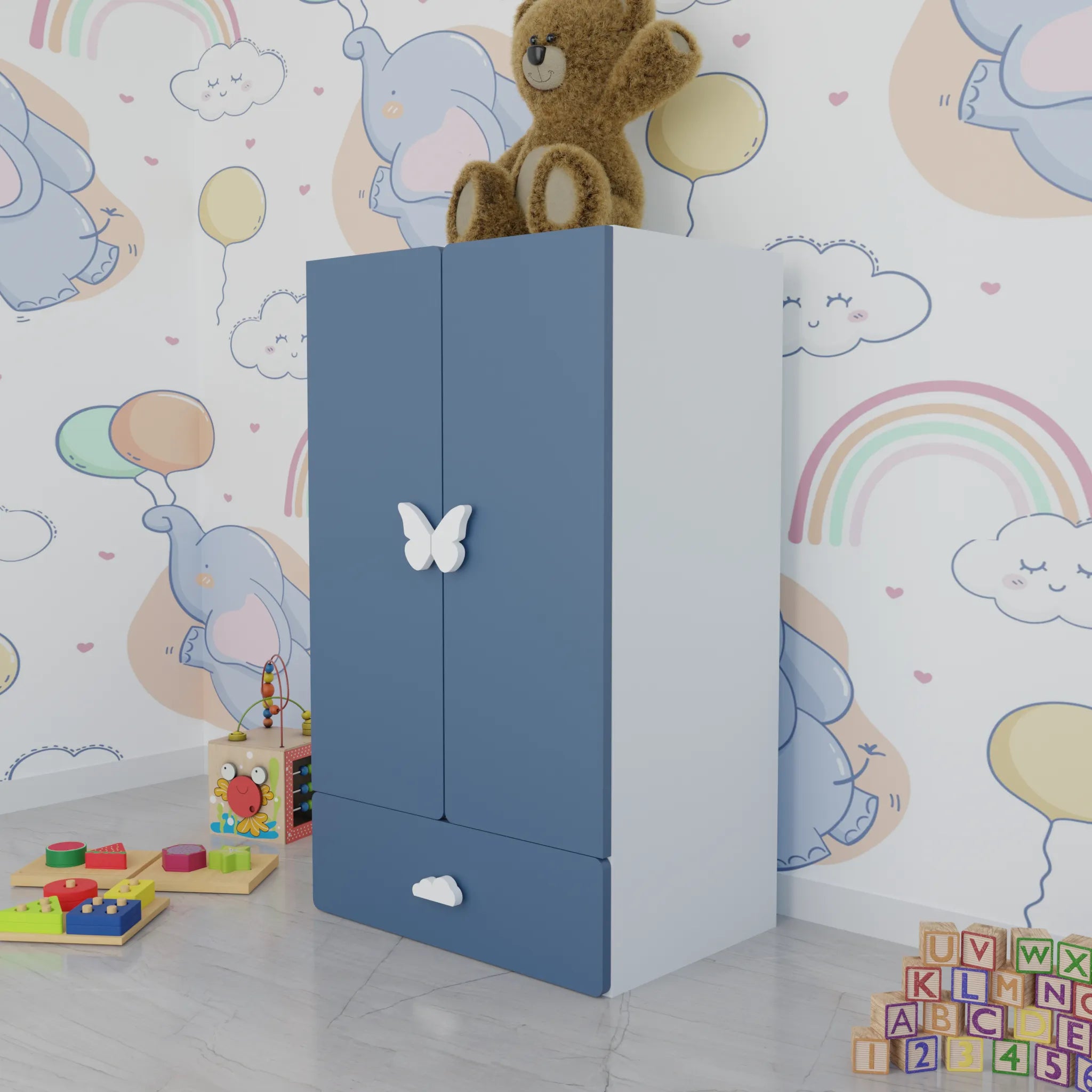 LittleCloud | Almirah with 2 Doors, Drawer Unit Kids Wardrobes VIKI FURNITURE