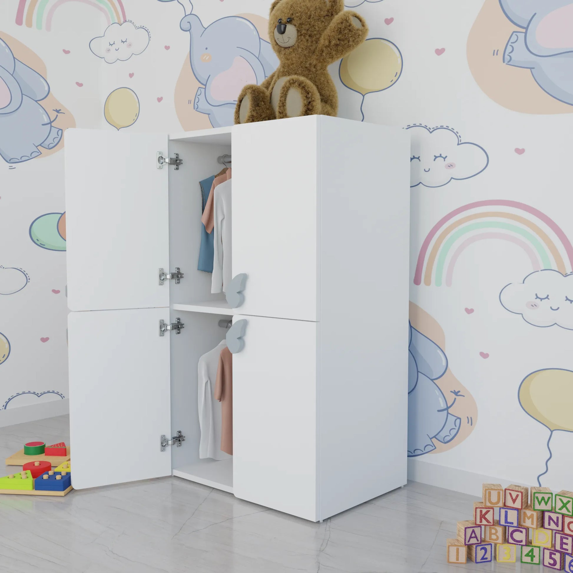 LittleCloud | Almirah with 4 Doors, 2 Hanger Rod Kids Wardrobes VIKI FURNITURE White