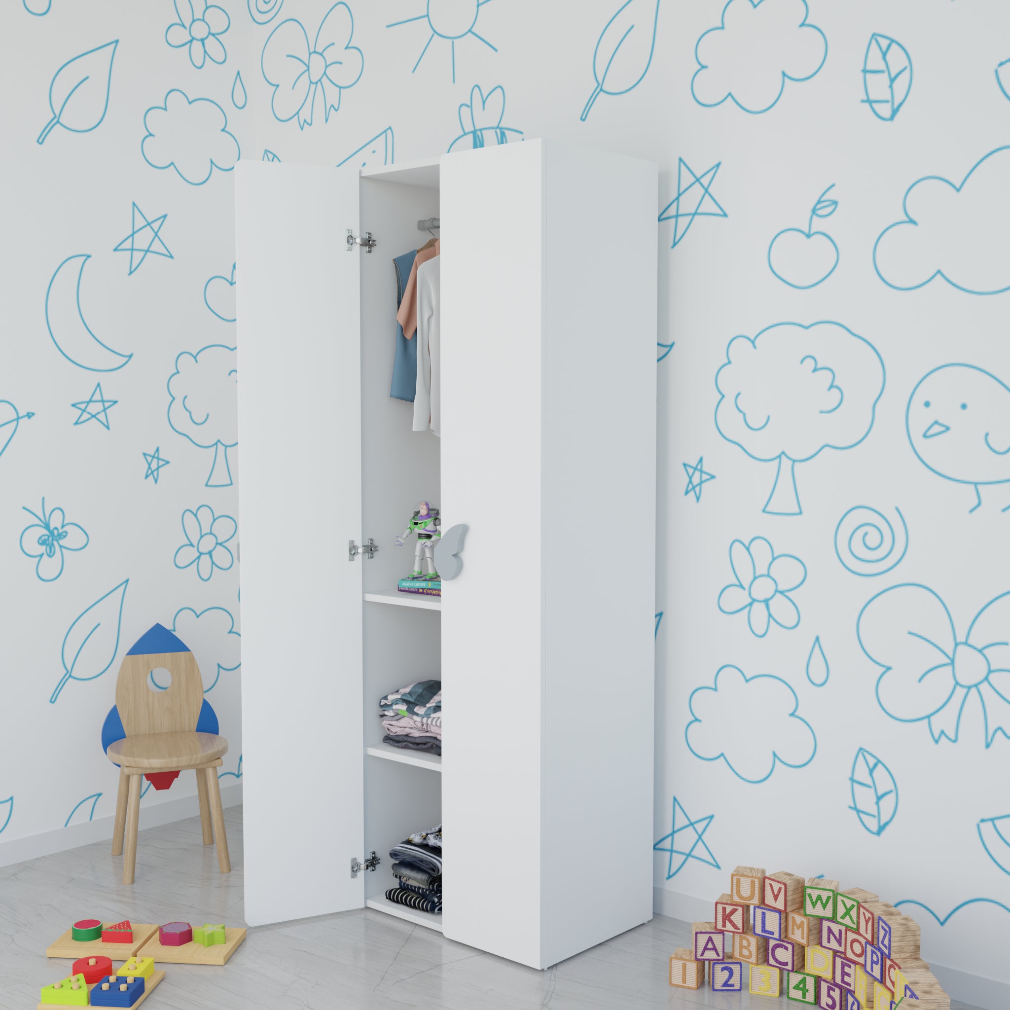 LittleCloud | Almirah with 2 Doors, Hanger Space Kids Wardrobes VIKI FURNITURE White
