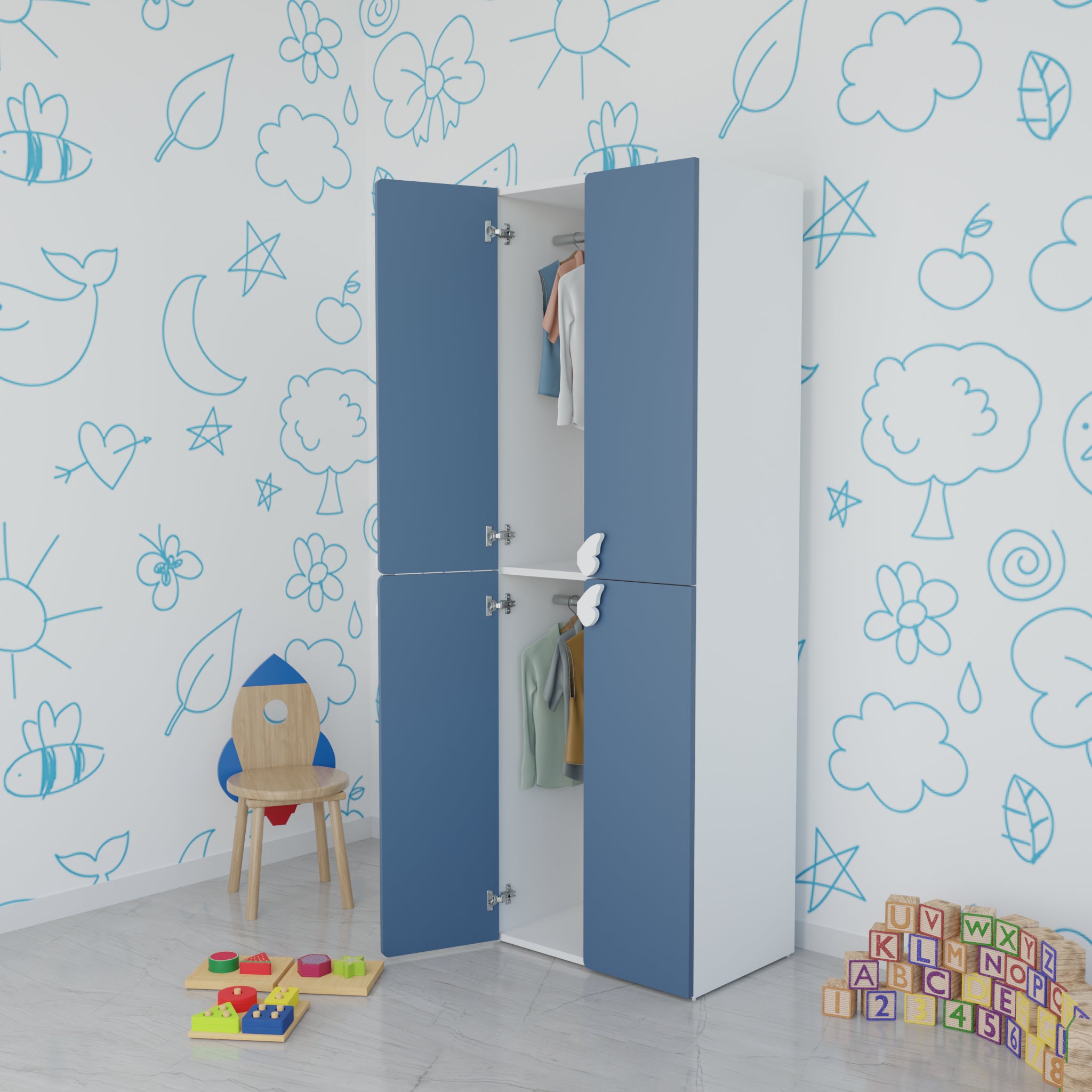 LittleCloud | Almirah with 4 Doors,2 Hanger Space Kids Wardrobes VIKI FURNITURE Blue