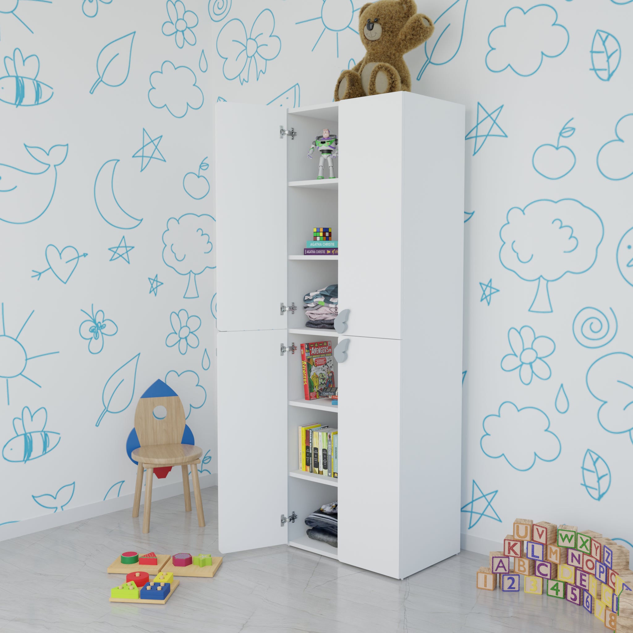LittleCloud | Almirah with 4 Doors Kids Wardrobes VIKI FURNITURE White