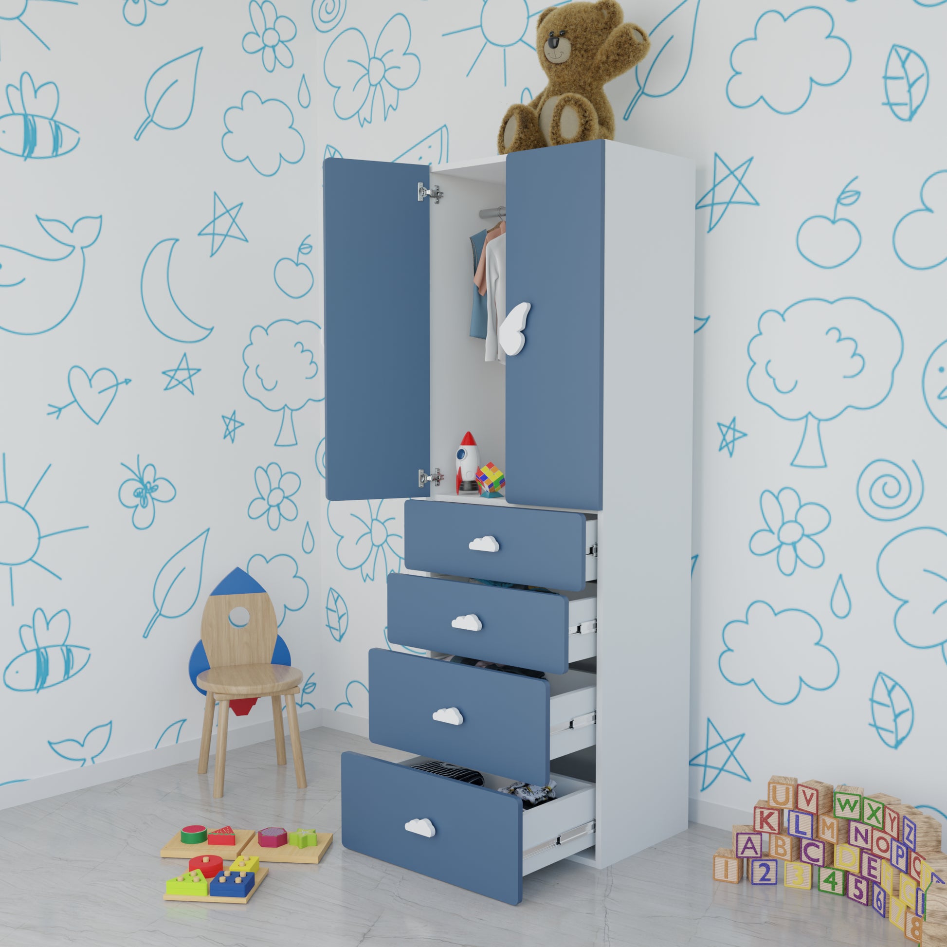 LittleCloud | Almirah with 2 Doors, 4 Drawer Unit, Hanger Space Kids Wardrobes VIKI FURNITURE Blue