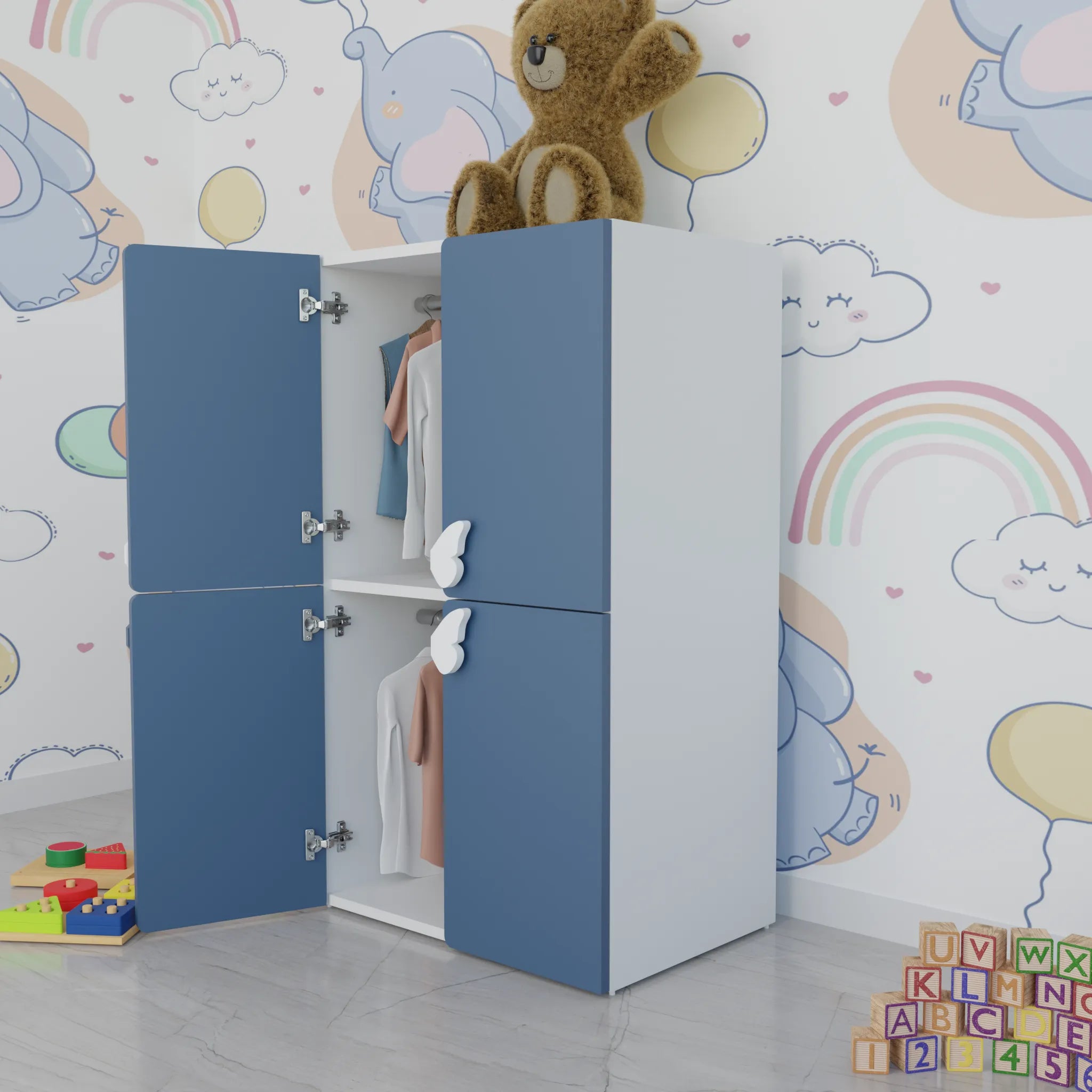 LittleCloud | Almirah with 4 Doors, 2 Hanger Rod Kids Wardrobes VIKI FURNITURE Blue