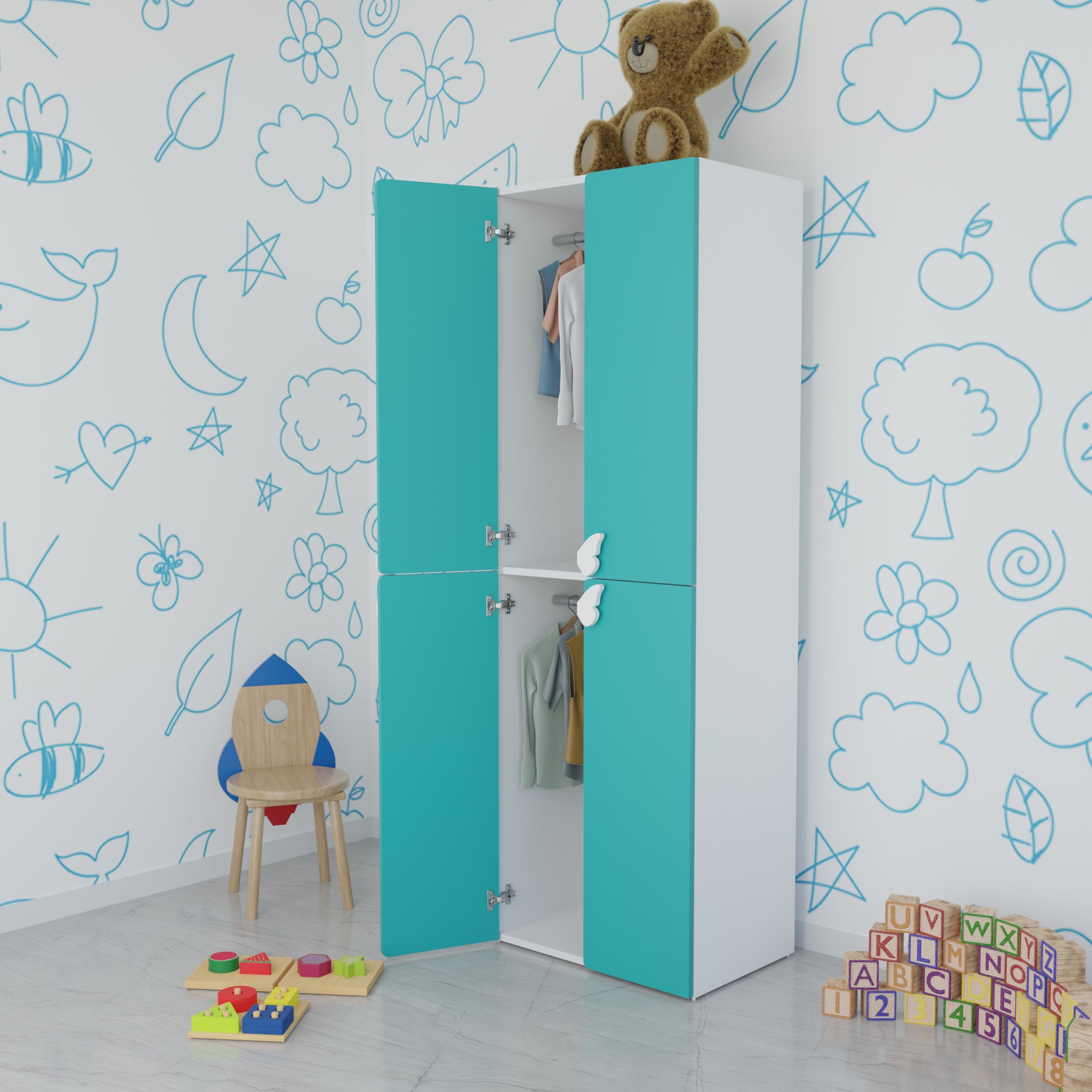 LittleCloud | Almirah with 4 Doors,2 Hanger Space Kids Wardrobes VIKI FURNITURE Green