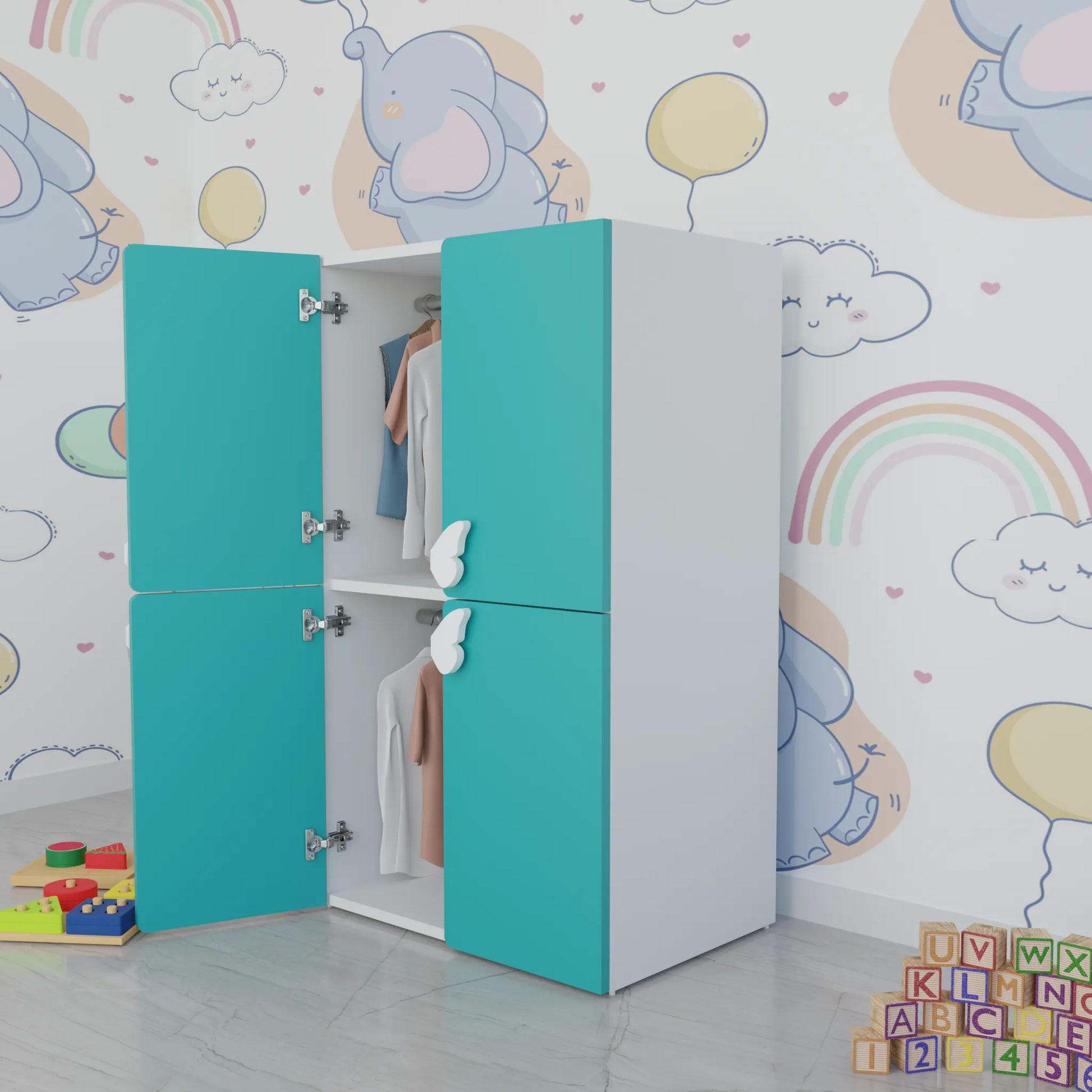 LittleCloud | Almirah with 4 Doors, 2 Hanger Rod Kids Wardrobes VIKI FURNITURE Green