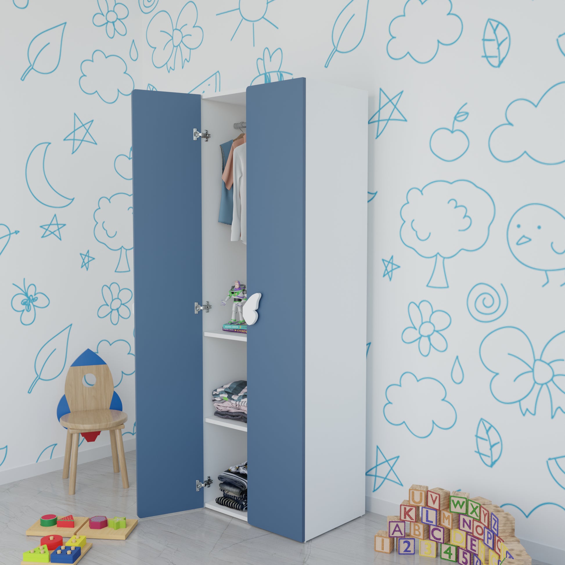 LittleCloud | Almirah with 2 Doors, Hanger Space Kids Wardrobes VIKI FURNITURE Blue