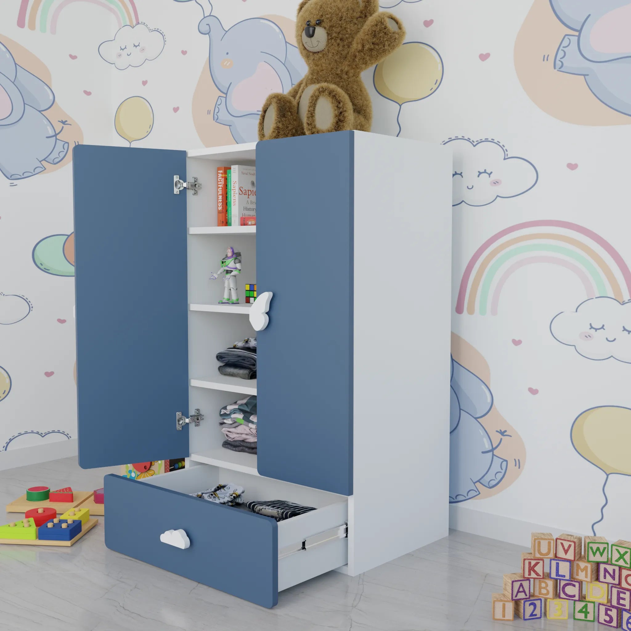 LittleCloud | Almirah with 2 Doors, Drawer Unit Kids Wardrobes VIKI FURNITURE Blue