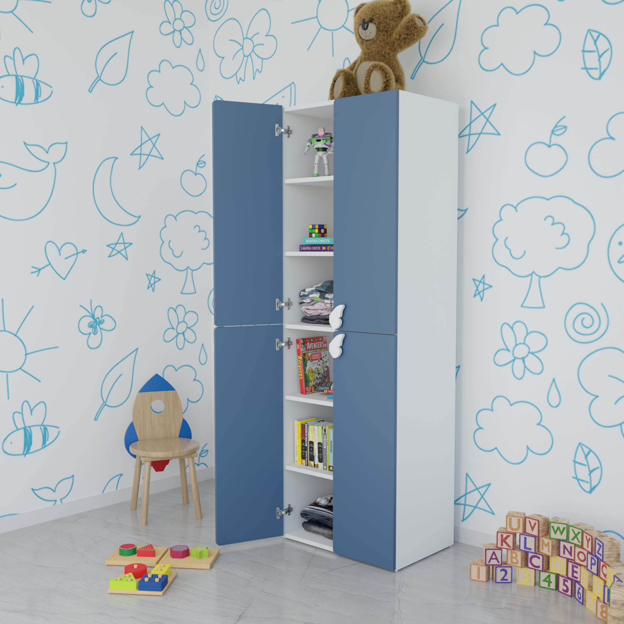 LittleCloud | Almirah with 4 Doors Kids Wardrobes VIKI FURNITURE Blue