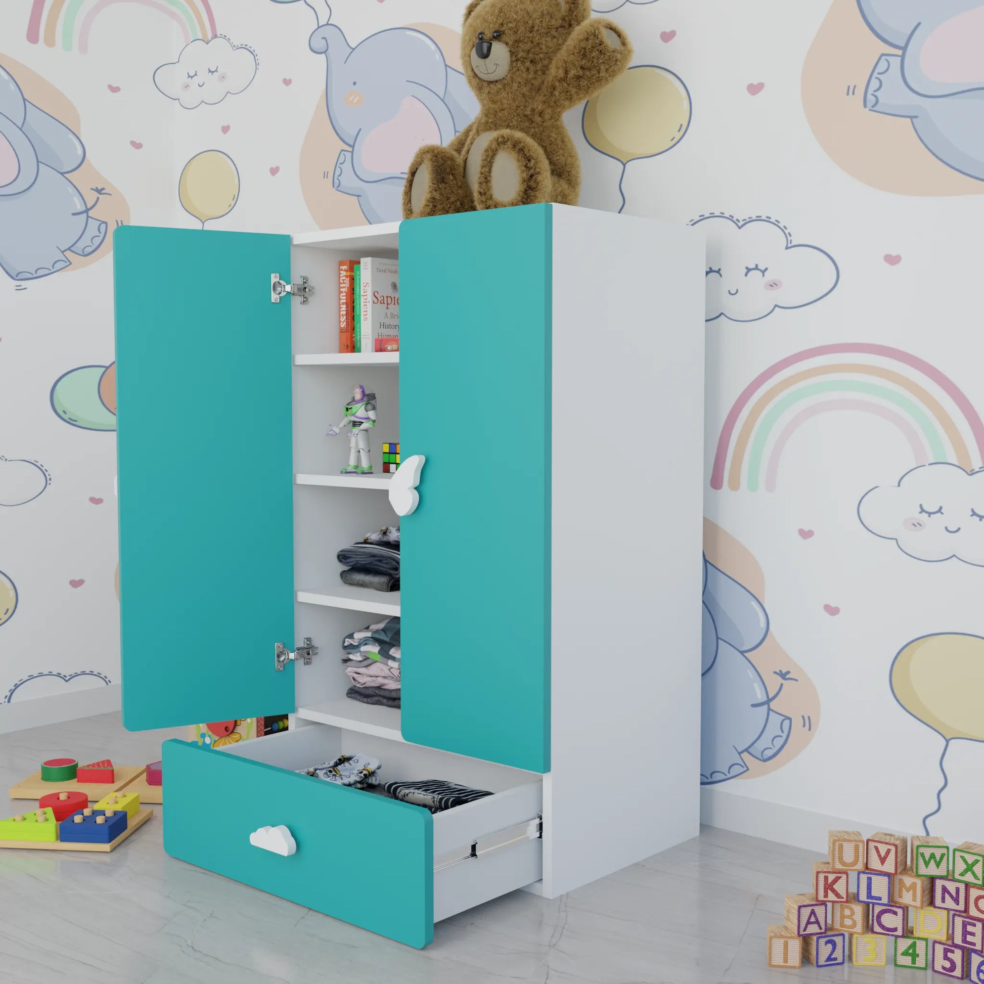 LittleCloud | Almirah with 2 Doors, Drawer Unit Kids Wardrobes VIKI FURNITURE Green