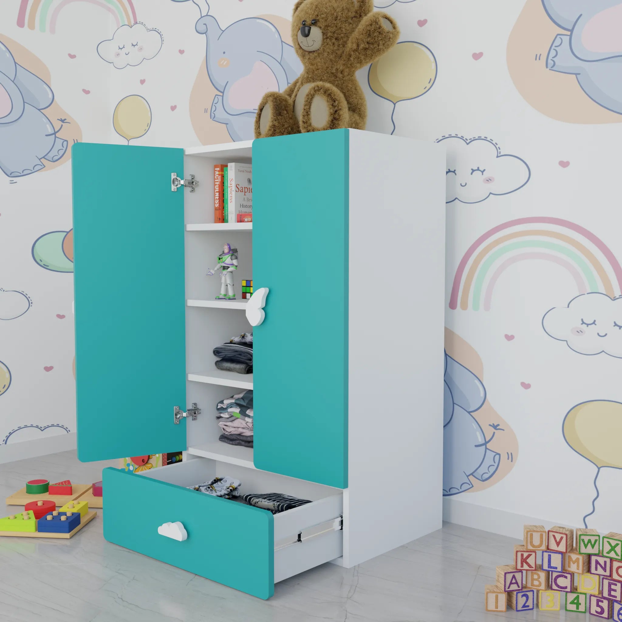 LittleCloud | Almirah with 2 Doors, Drawer Unit Kids Wardrobes VIKI FURNITURE Green