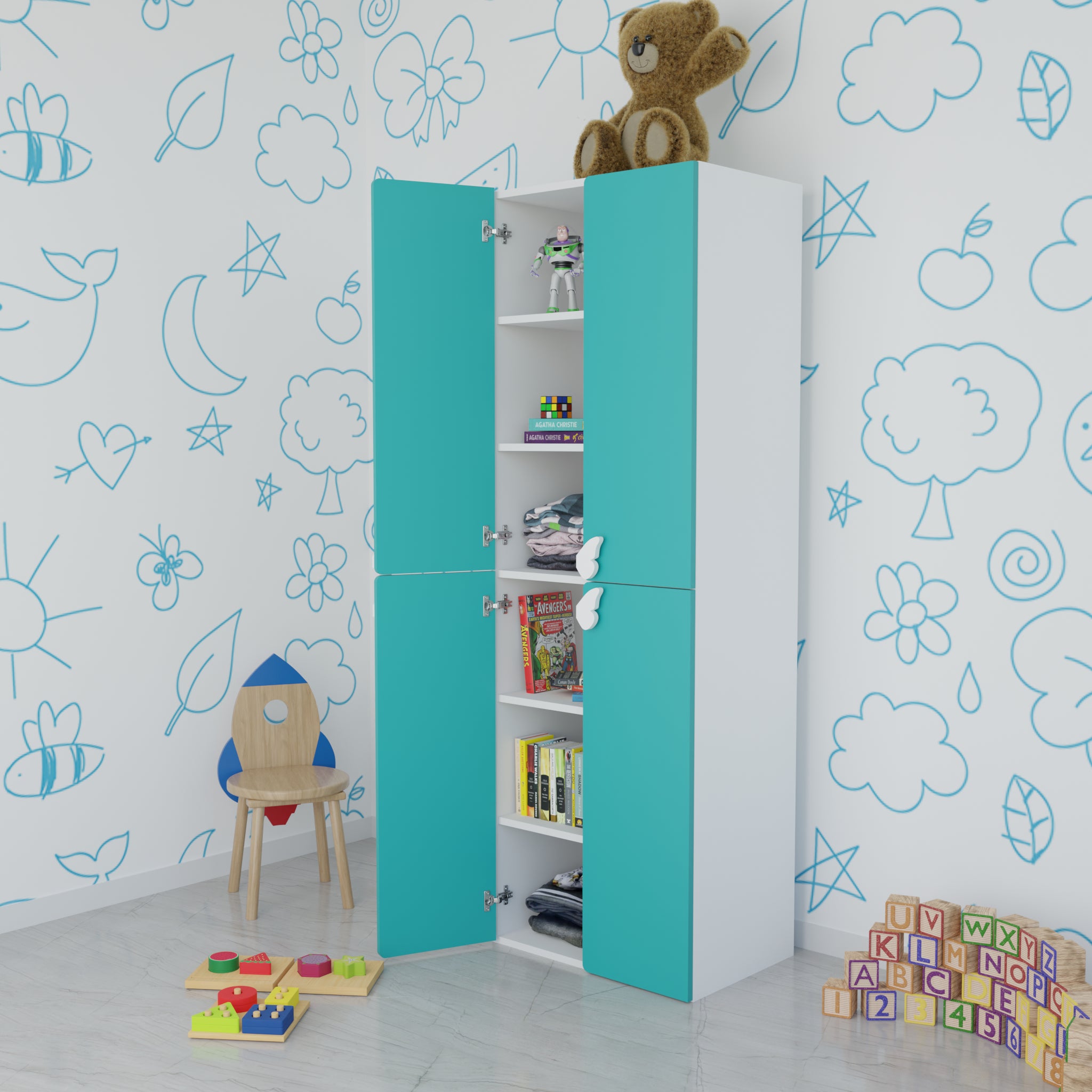 LittleCloud | Almirah with 4 Doors Kids Wardrobes VIKI FURNITURE Green