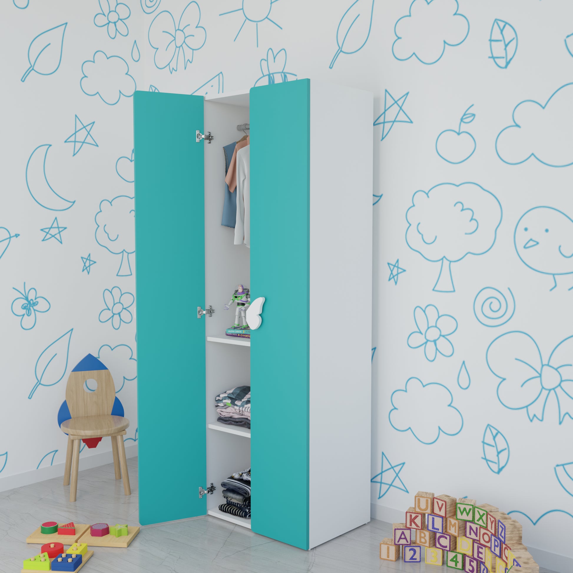 LittleCloud | Almirah with 2 Doors, Hanger Space Kids Wardrobes VIKI FURNITURE Green