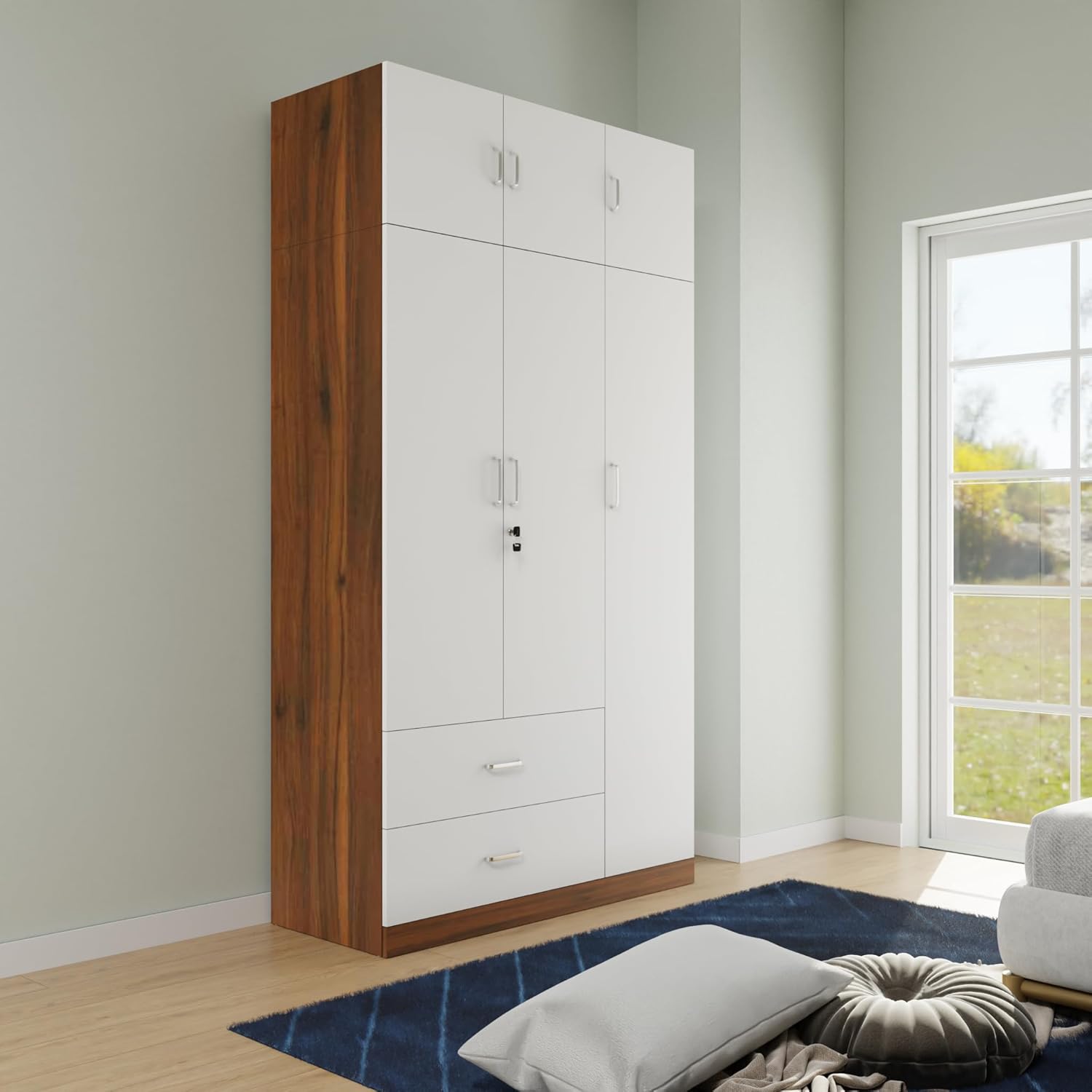 AVIRA |Wardrobe , Hinged | 3 Door, 2 Drawer with loft Wardrobes VIKI FURNITURE White & Walnut