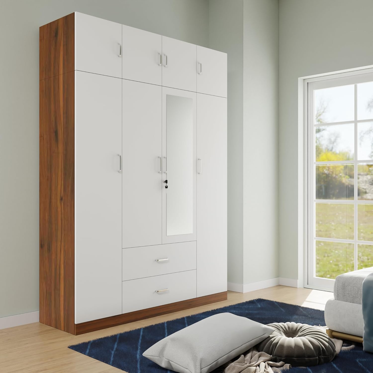 AVIRA |Wardrobe with Mirror, Hinged | 4 Door, 2 Drawer with loft Wardrobes VIKI FURNITURE White & Walnut