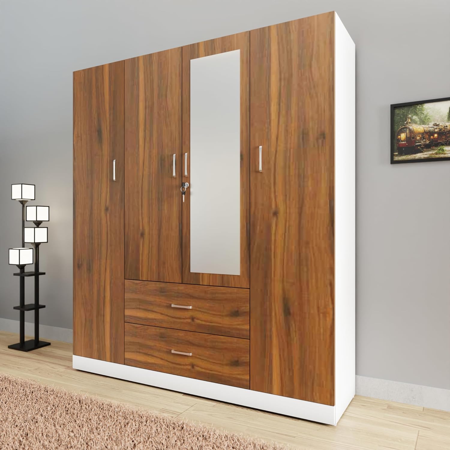 AVIRA |Wardrobe with Mirror, Hinged | 4 Door, 2 Drawer