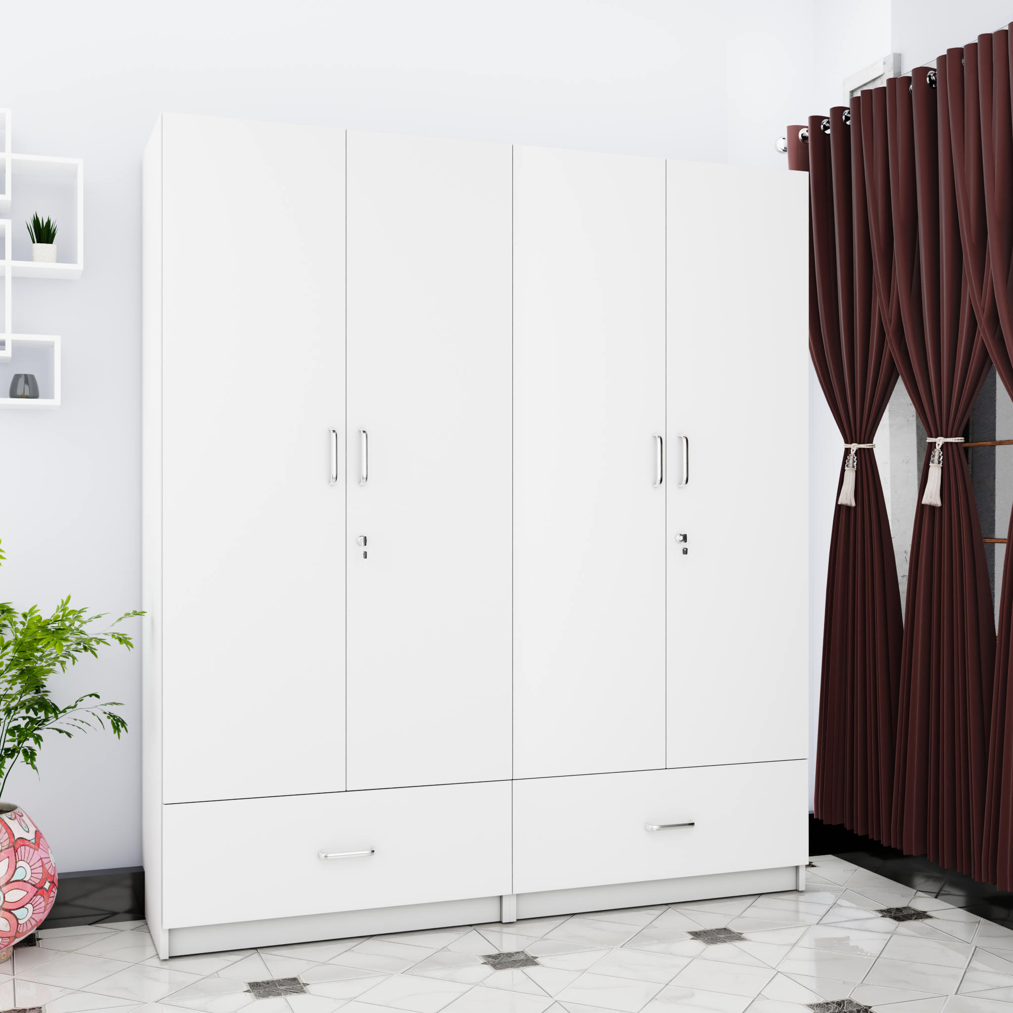 VIKI | Almirah for 4 Door Wardrobe with 2 Split Drawer & Hanging Space (40D x 160W x 180.8H) Wardrobes VIKI FURNITURE White