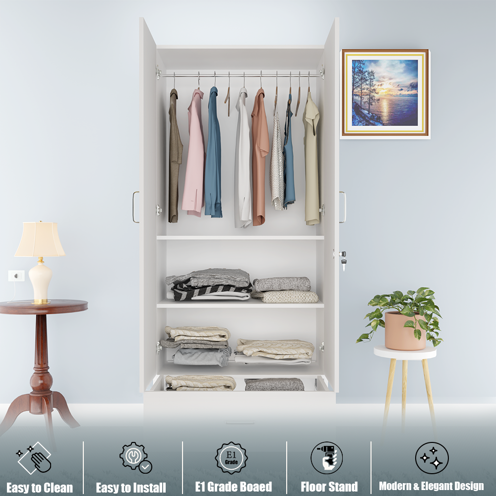 VIKI | Almirah for 2 Door Wardrobe with 1 Drawer & Hanging Space with Mirror( 40D x 80W x 180.8H) Wardrobes VIKI FURNITURE