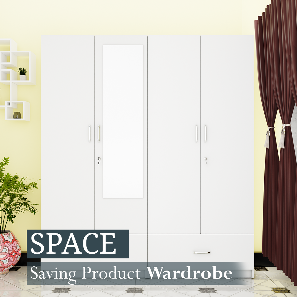 VIKI | Almirah for 4 Door Wardrobe with 2 Split Drawer & Hanging Space with Mirror (40D x 160W x 180.8H) Wardrobes VIKI FURNITURE
