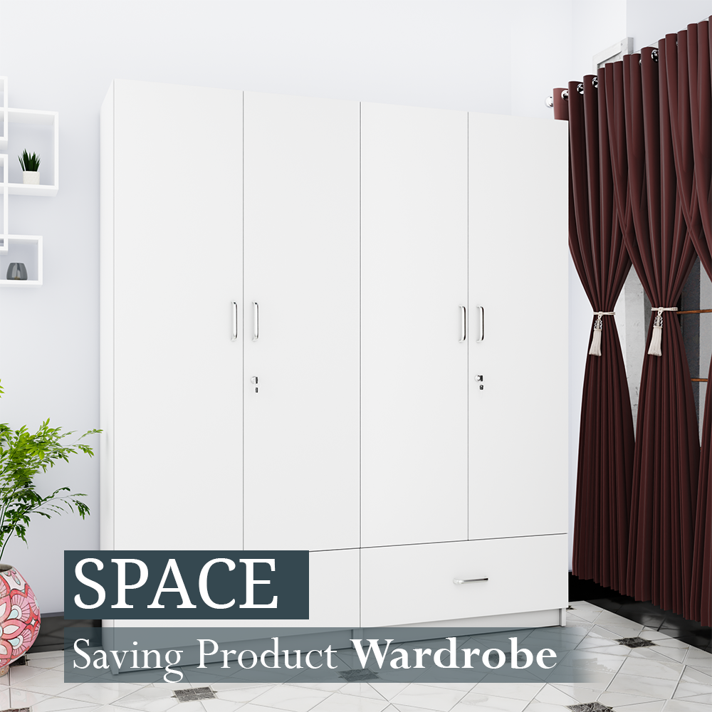 VIKI | Almirah for 4 Door Wardrobe with 2 Split Drawer & Hanging Space (40D x 160W x 180.8H) Wardrobes VIKI FURNITURE