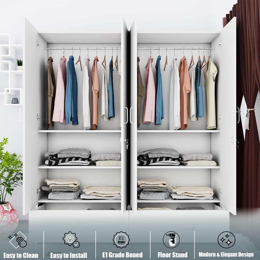 VIKI | Almirah for 4 Door Wardrobe with 2 Split Drawer & Hanging Space with Mirror (40D x 160W x 180.8H) Wardrobes VIKI FURNITURE