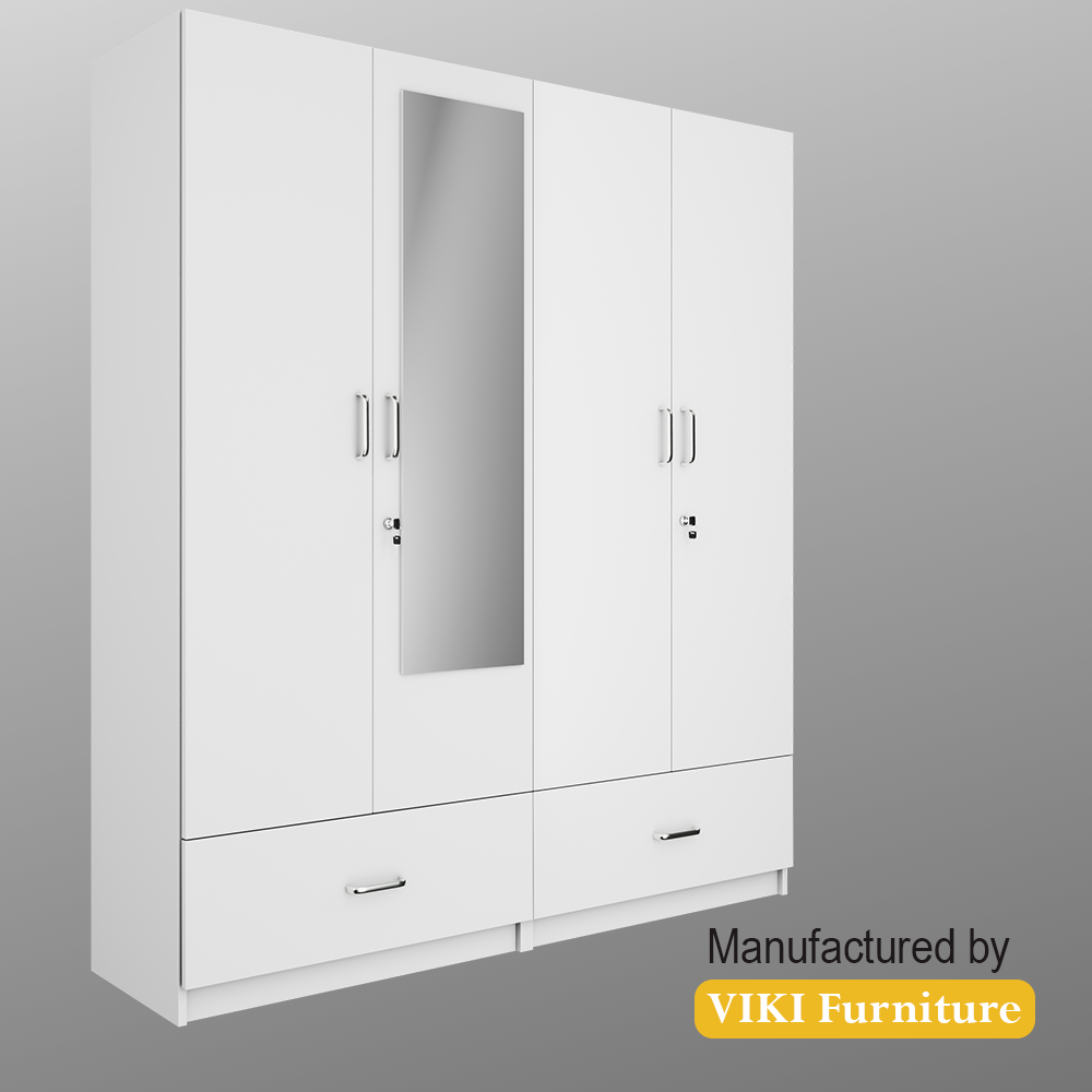 VIKI | Almirah for 4 Door Wardrobe with 2 Split Drawer & Hanging Space with Mirror (40D x 160W x 180.8H) Wardrobes VIKI FURNITURE