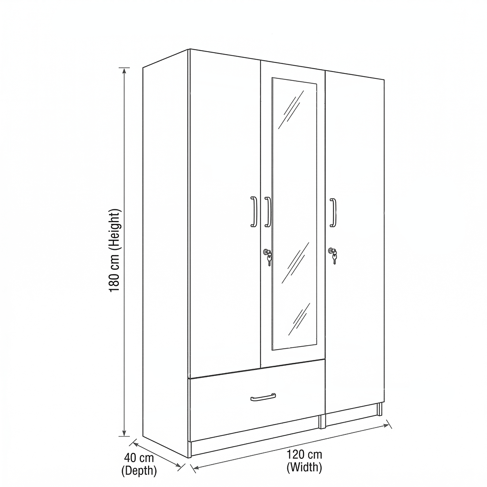 VIKI | Almirah for 3 Door Wardrobe with 1 Drawer & Hanging Space with Mirror ( 40D x 120W x 180.8H) Wardrobes VIKI FURNITURE