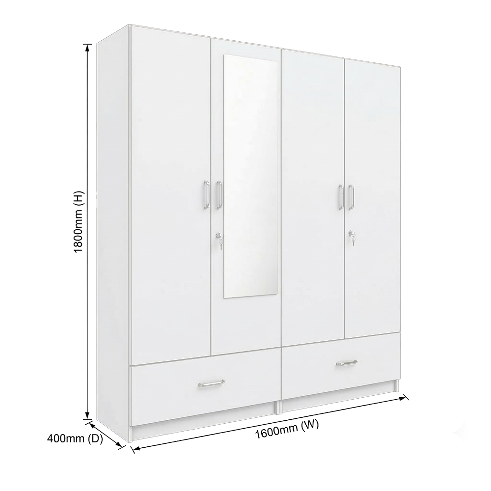VIKI | Almirah for 4 Door Wardrobe with 2 Split Drawer & Hanging Space with Mirror (40D x 160W x 180.8H) Wardrobes VIKI FURNITURE