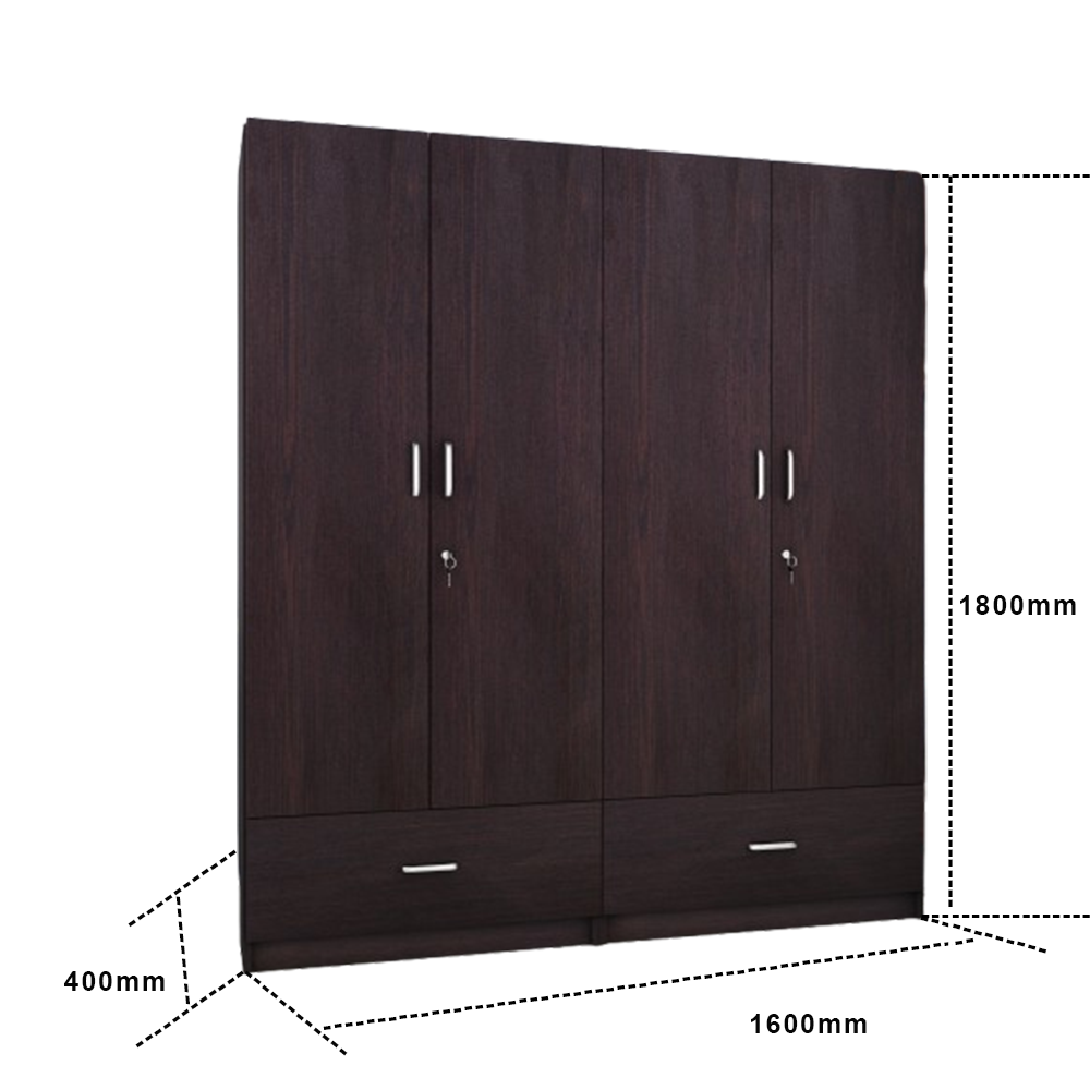 VIKI | Almirah for 4 Door Wardrobe with 2 Split Drawer & Hanging Space (40D x 160W x 180.8H) Wardrobes VIKI FURNITURE
