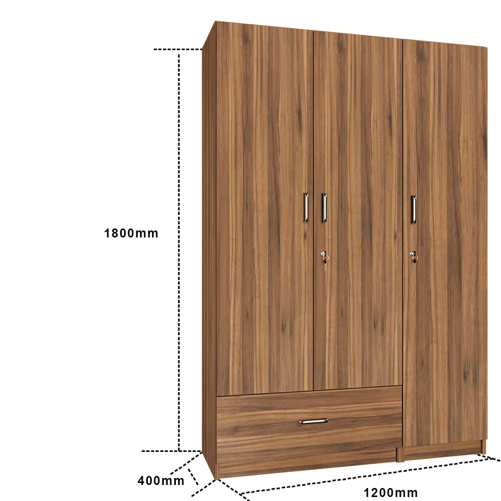 VIKI | Almirah for 3 Door Wardrobe with 1 Drawer & Hanging Space( 40D x 120W x 180.8H) Wardrobes VIKI FURNITURE