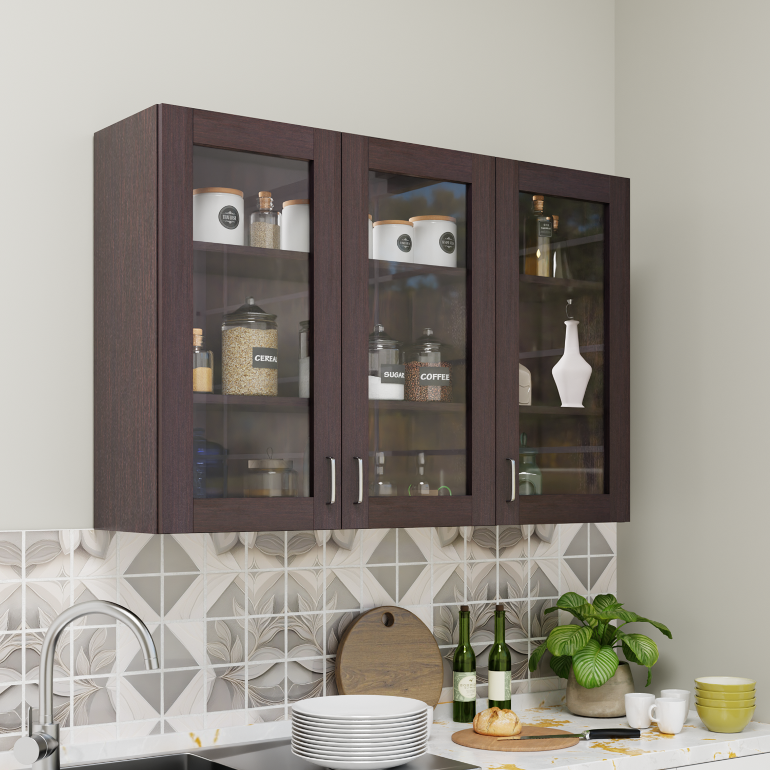 Traksha | Modular Kitchen | Wall Cabinet - 3 Glass Doors kitchen cabinet VIKI FURNITURE Wenge