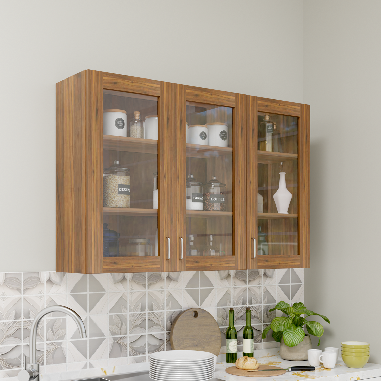Traksha | Modular Kitchen | Wall Cabinet - 3 Glass Doors kitchen cabinet VIKI FURNITURE Walnut