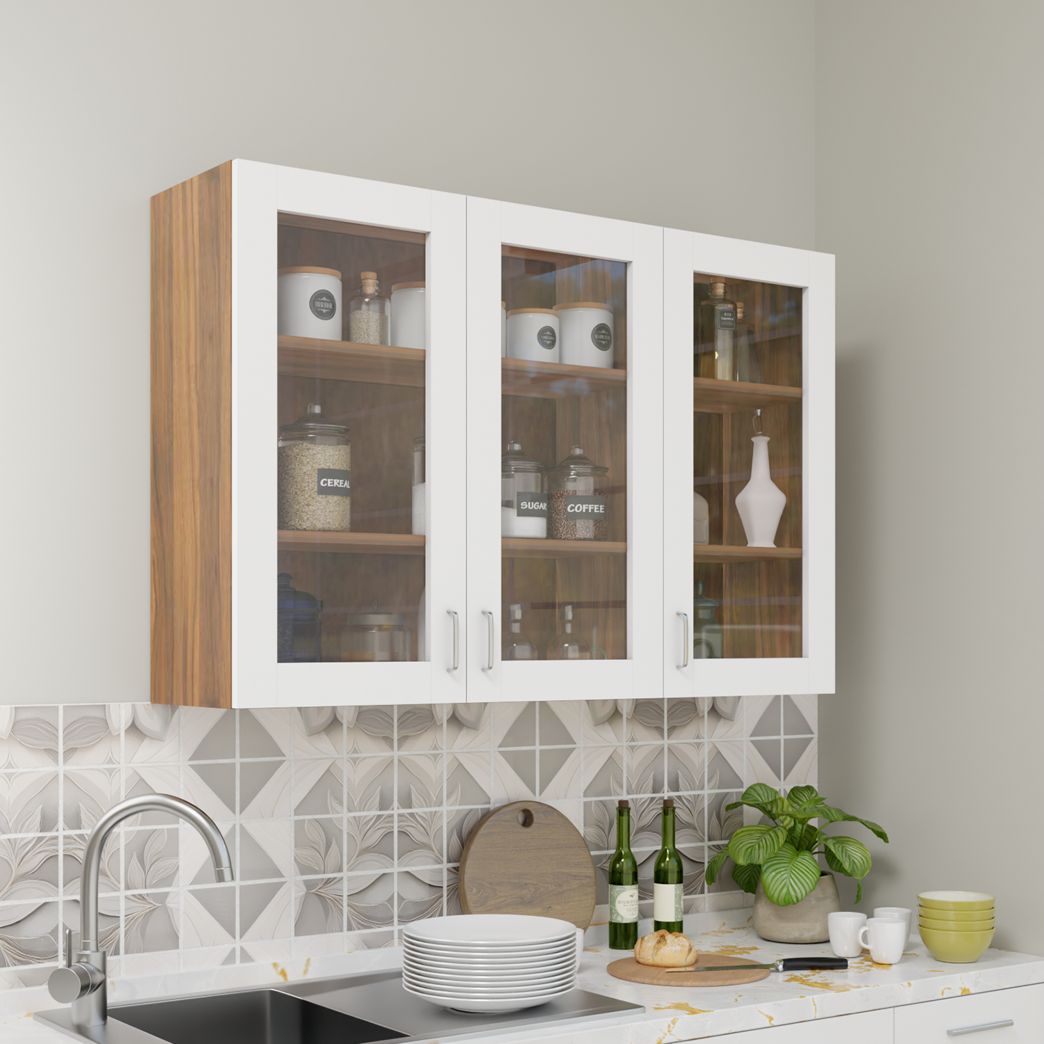 Traksha | Modular Kitchen | Wall Cabinet - 3 Glass Doors kitchen cabinet VIKI FURNITURE White & Walnut
