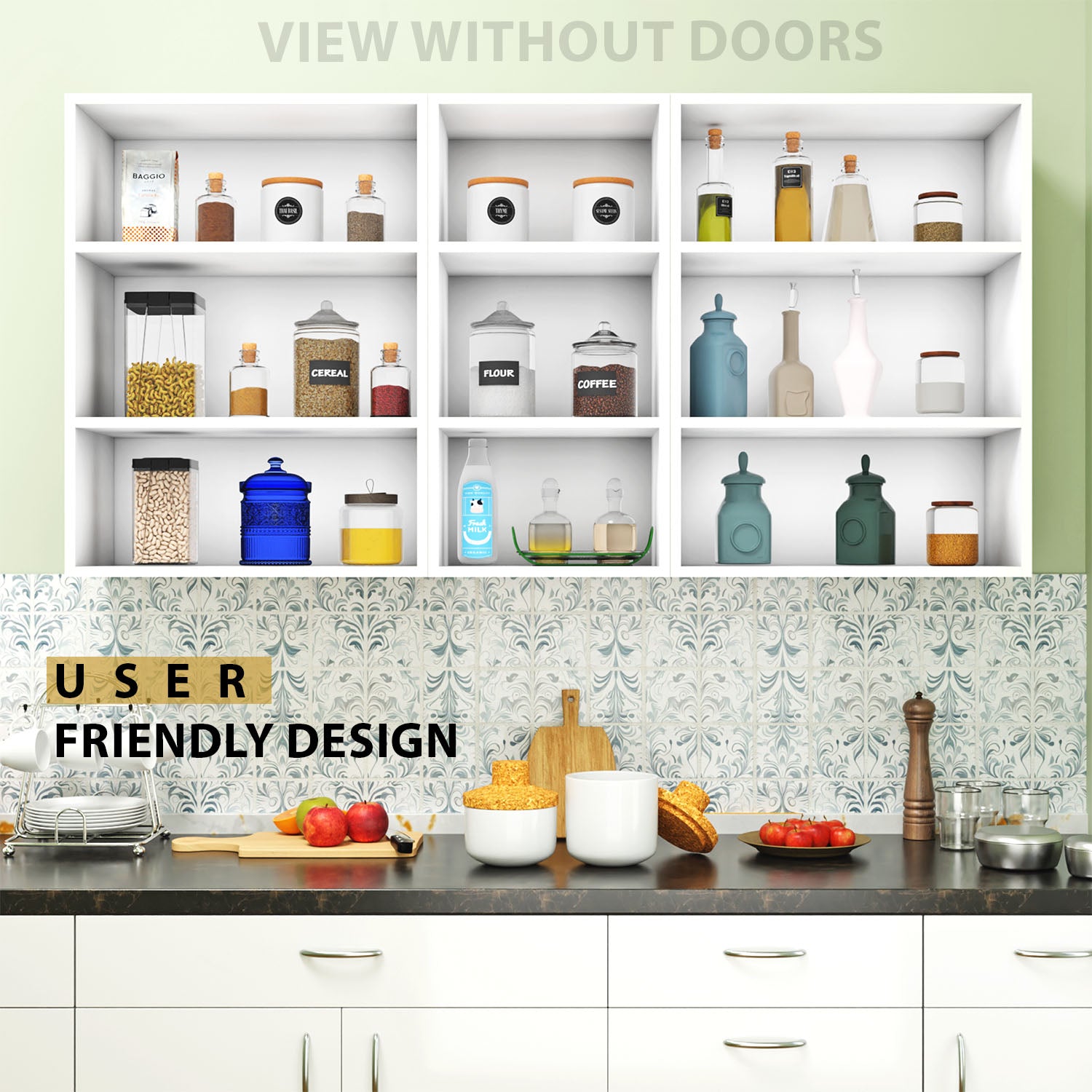 Traksha | Modular Kitchen | Wall Cabinet - 4 Glass Doors with Open Shelf kitchen cabinet VIKI FURNITURE