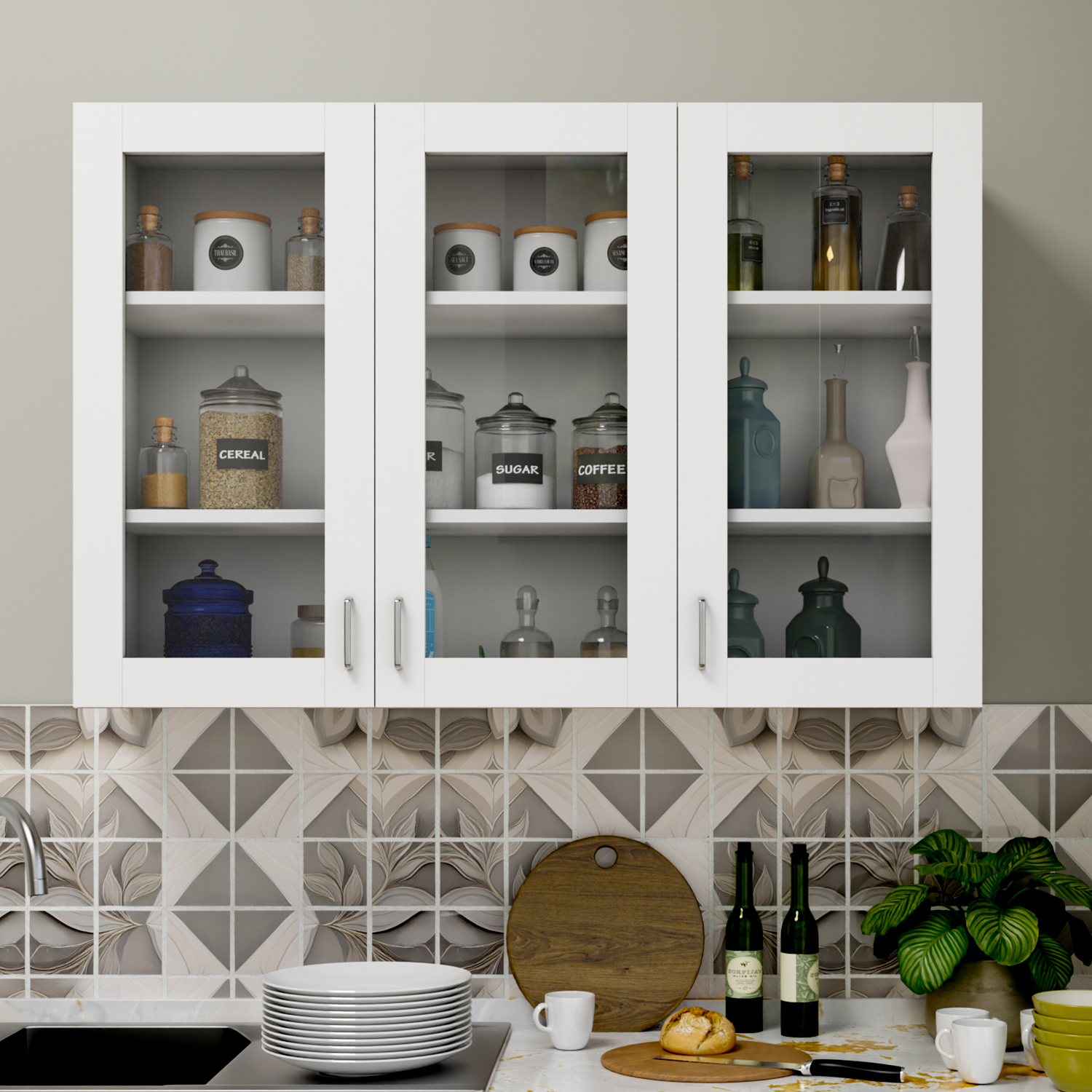 Traksha | Modular Kitchen | Wall Cabinet - 3 Glass Doors kitchen cabinet VIKI FURNITURE