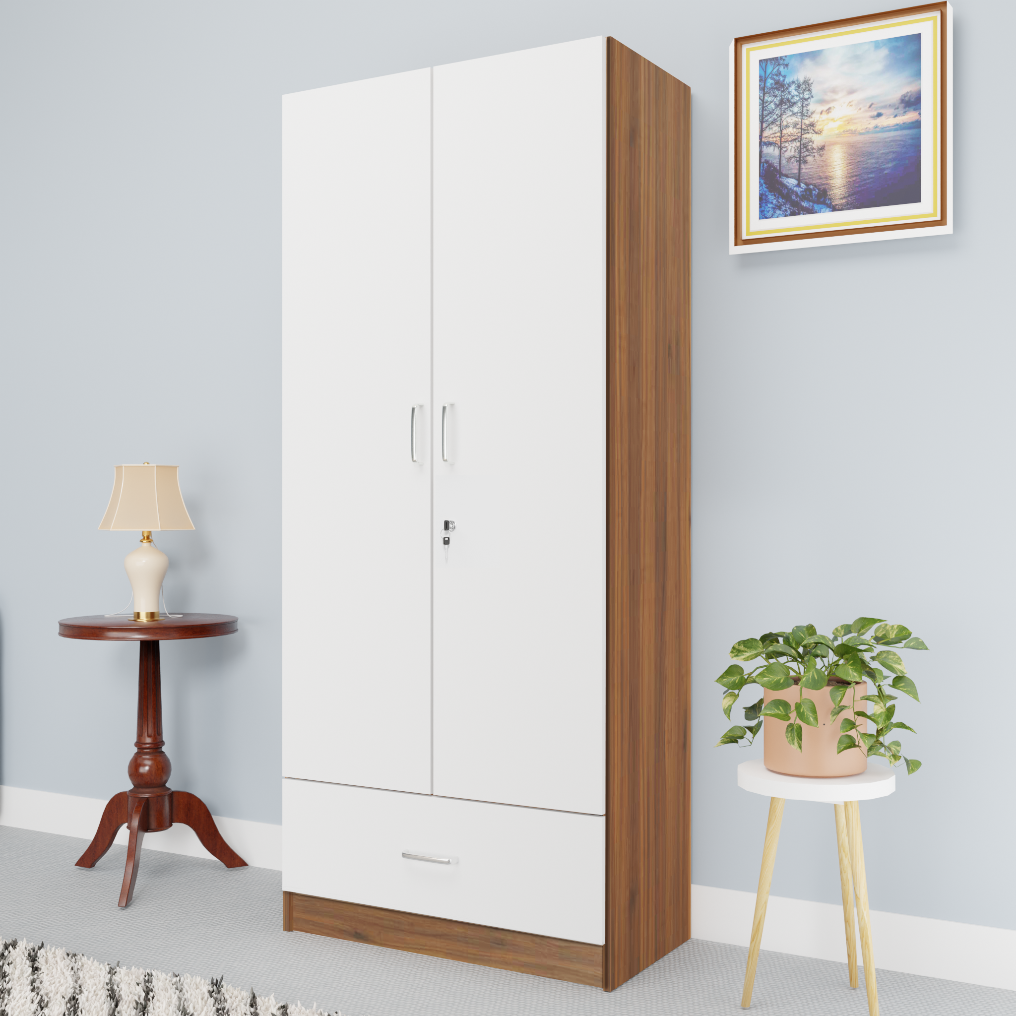 VIKI | Almirah for 2 Door Wardrobe with 1 Drawer & Hanging Space( 40D x 80W x 180.8H) Wardrobes VIKI FURNITURE White & Walnut