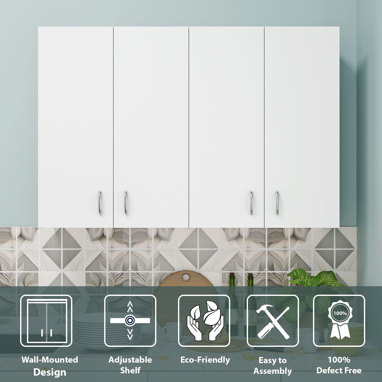 VIKI | Multipurpose Wall Mounted Cabinet with 4 Doors | Storage Solution for Kitchen, Bedroom, Office & Living Room kitchen cabinet VIKI FURNITURE 4 Doors White Wooden Swinng