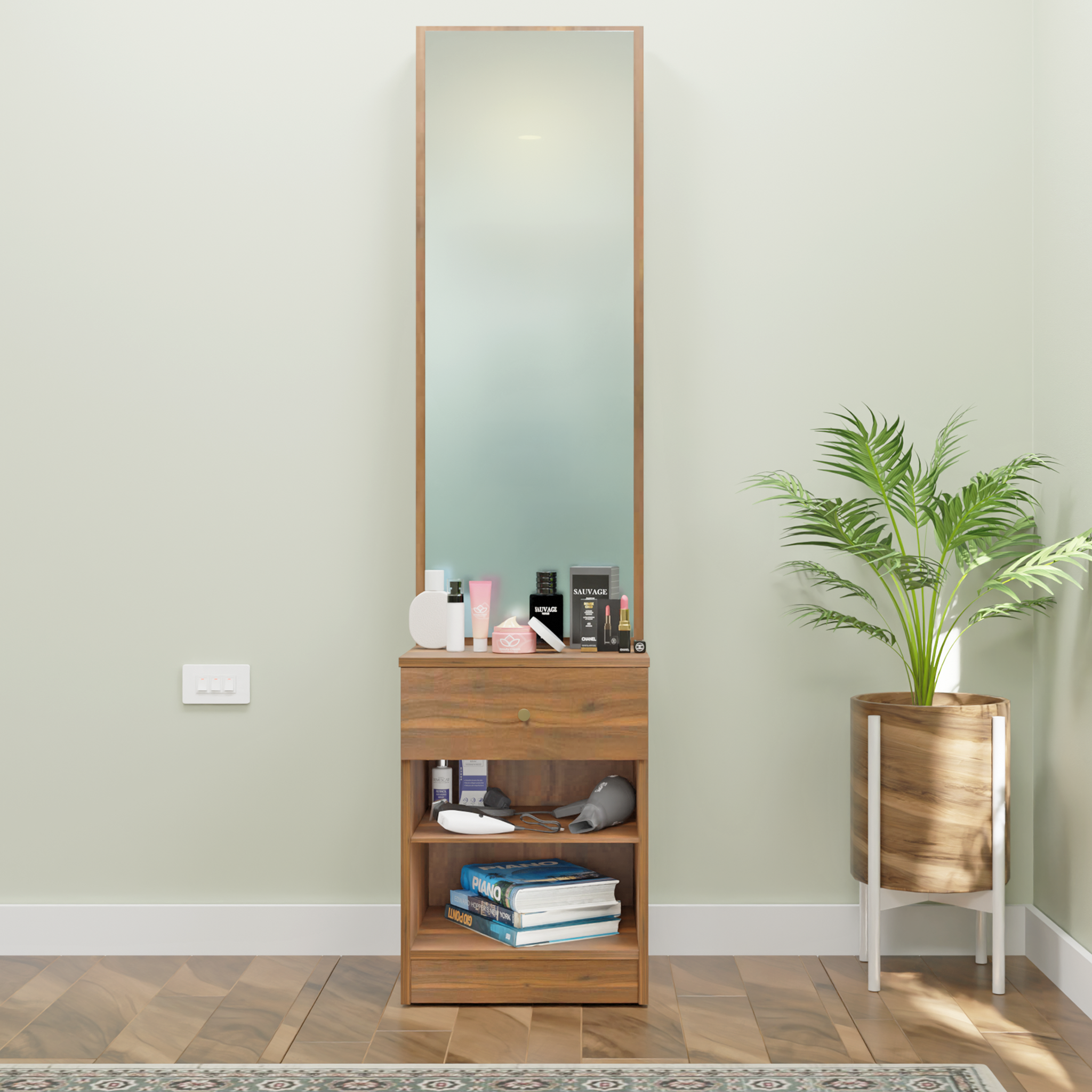 Dressing Table with Mirror Door | Drawer & Open Shelves Dressing Table VIKI FURNITURE