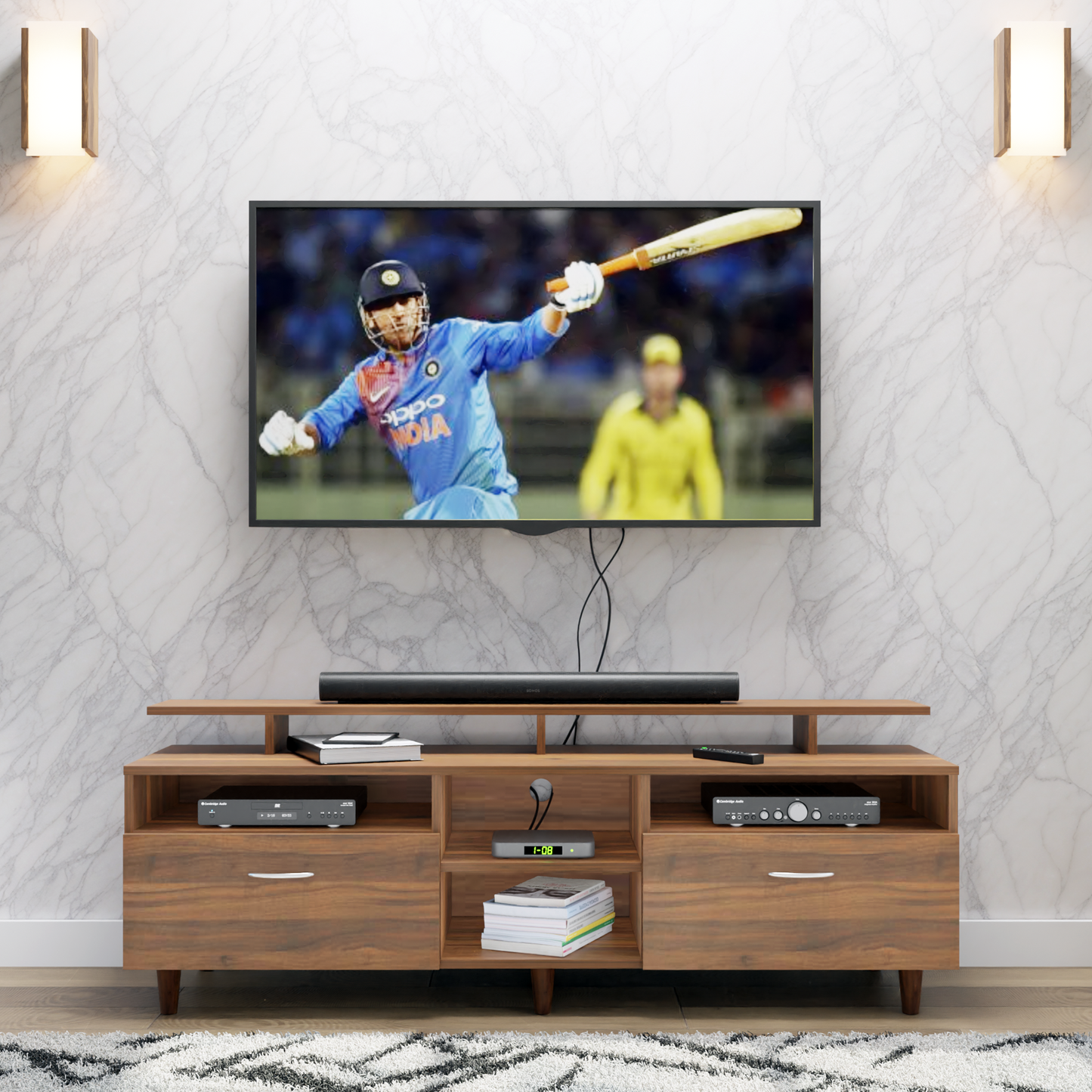 TV Unit | 2 Drawers, Open Shelves & Extension | Single Color TV & Entertainment Unit VIKI FURNITURE Brussel Walnut