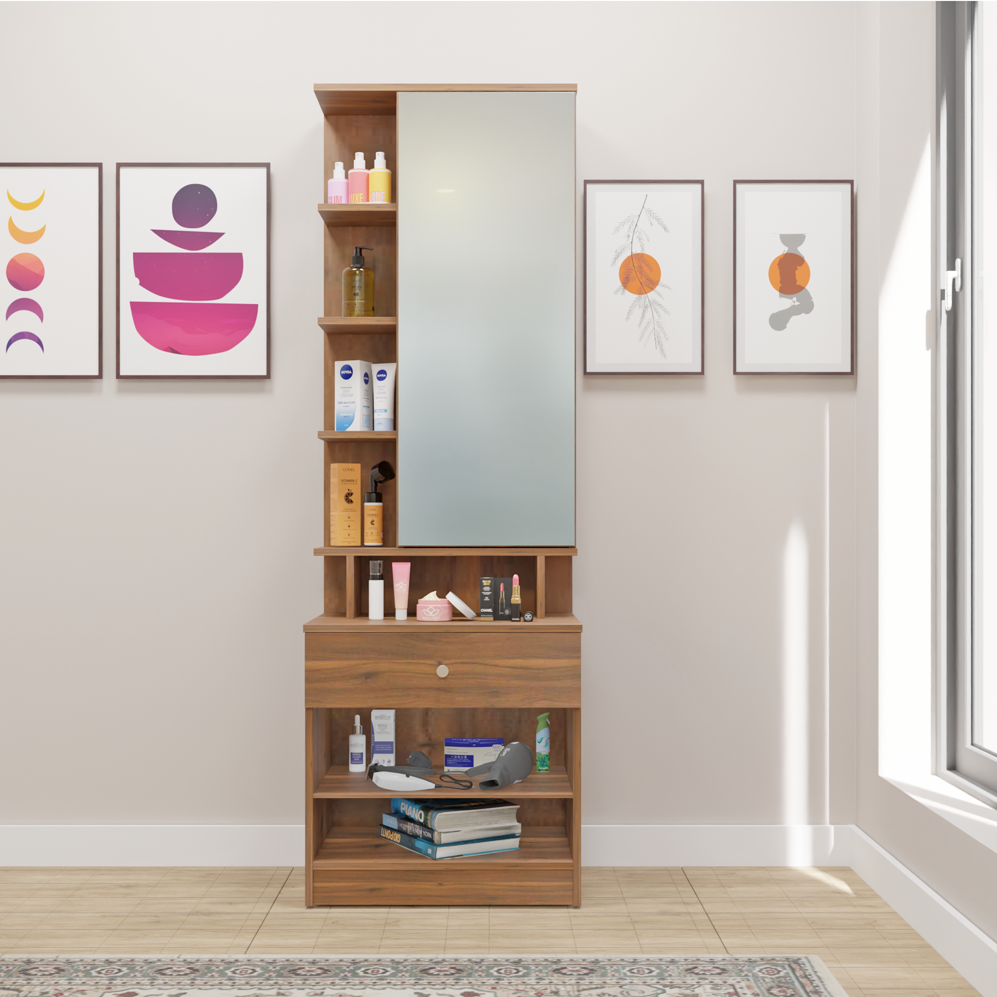 Dressing Table with Mirror Door | Door | Drawer & Open Shelves Dressing Table VIKI FURNITURE Walnut