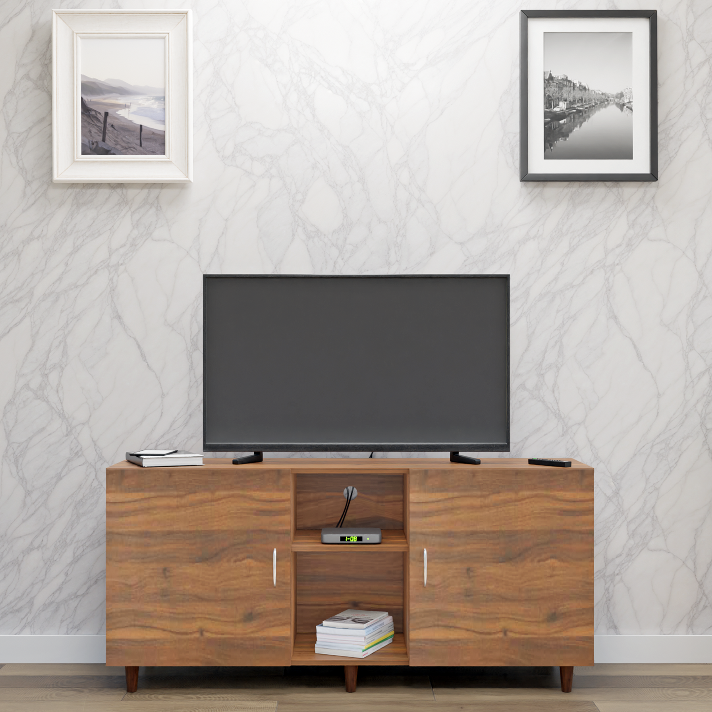 TV Unit | 2 Doors, Open Shelves | Single Color TV & Entertainment Unit VIKI FURNITURE Brussel Walnut