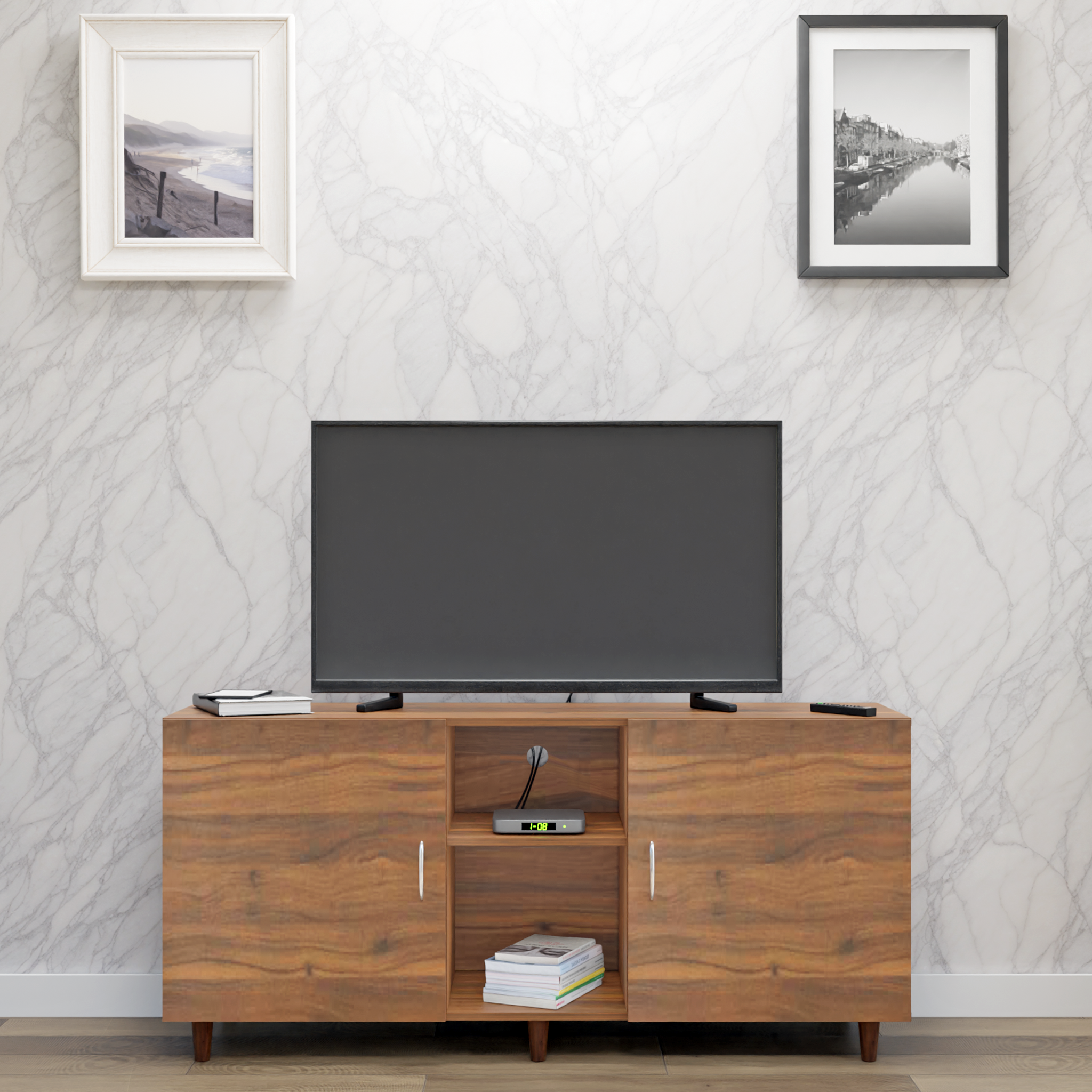 TV Unit | 2 Doors, Open Shelves | Single Color TV & Entertainment Unit VIKI FURNITURE
